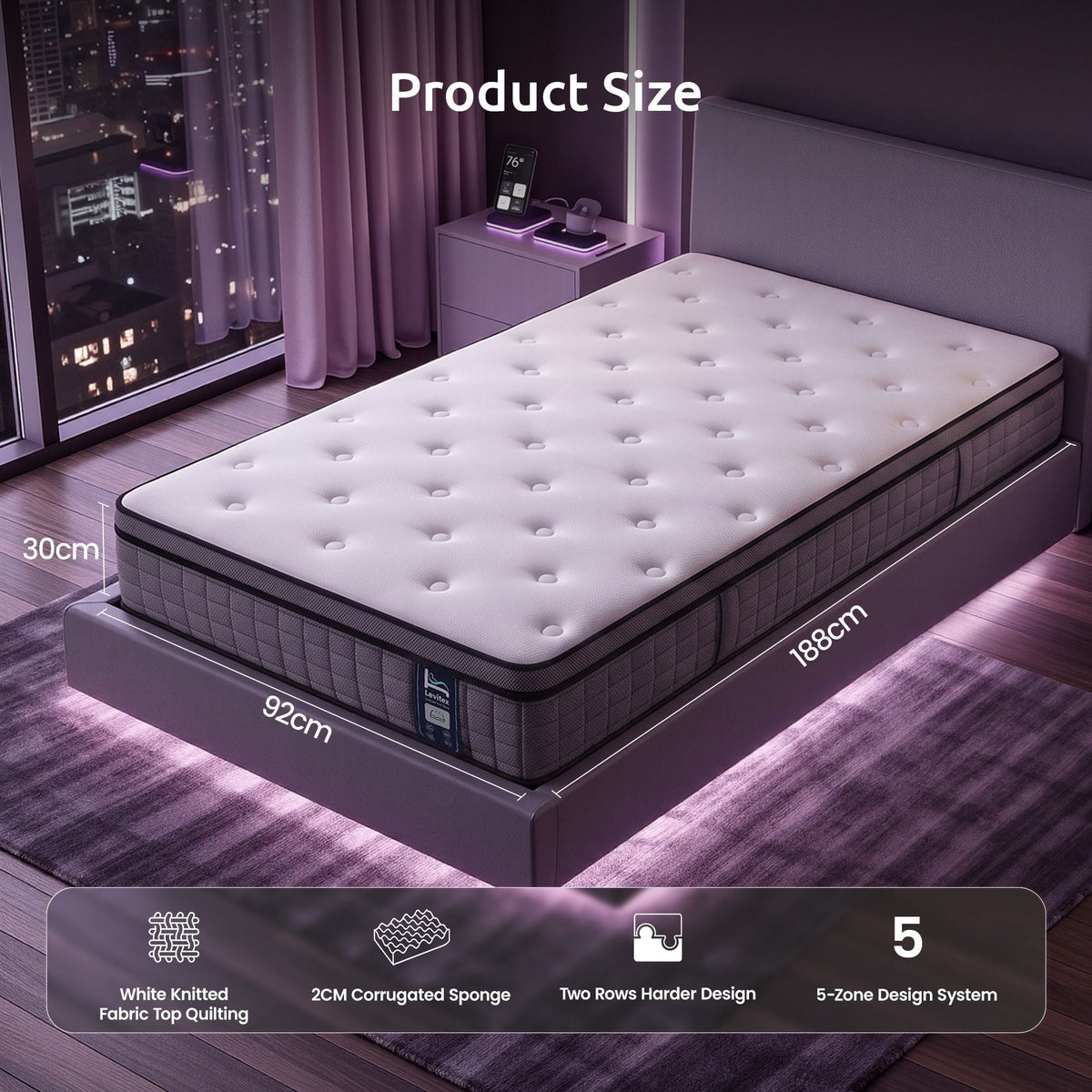 Single 5-Zone Pocket Spring Mattress with 2-Row Edge Support and Breathable Corrugated Sponge 30cm - White - Furniture > Mattresses > Single Mattress - Rivercity House & Home Co. (ABN 18 642 972 209) - Affordable Modern Furniture Australia