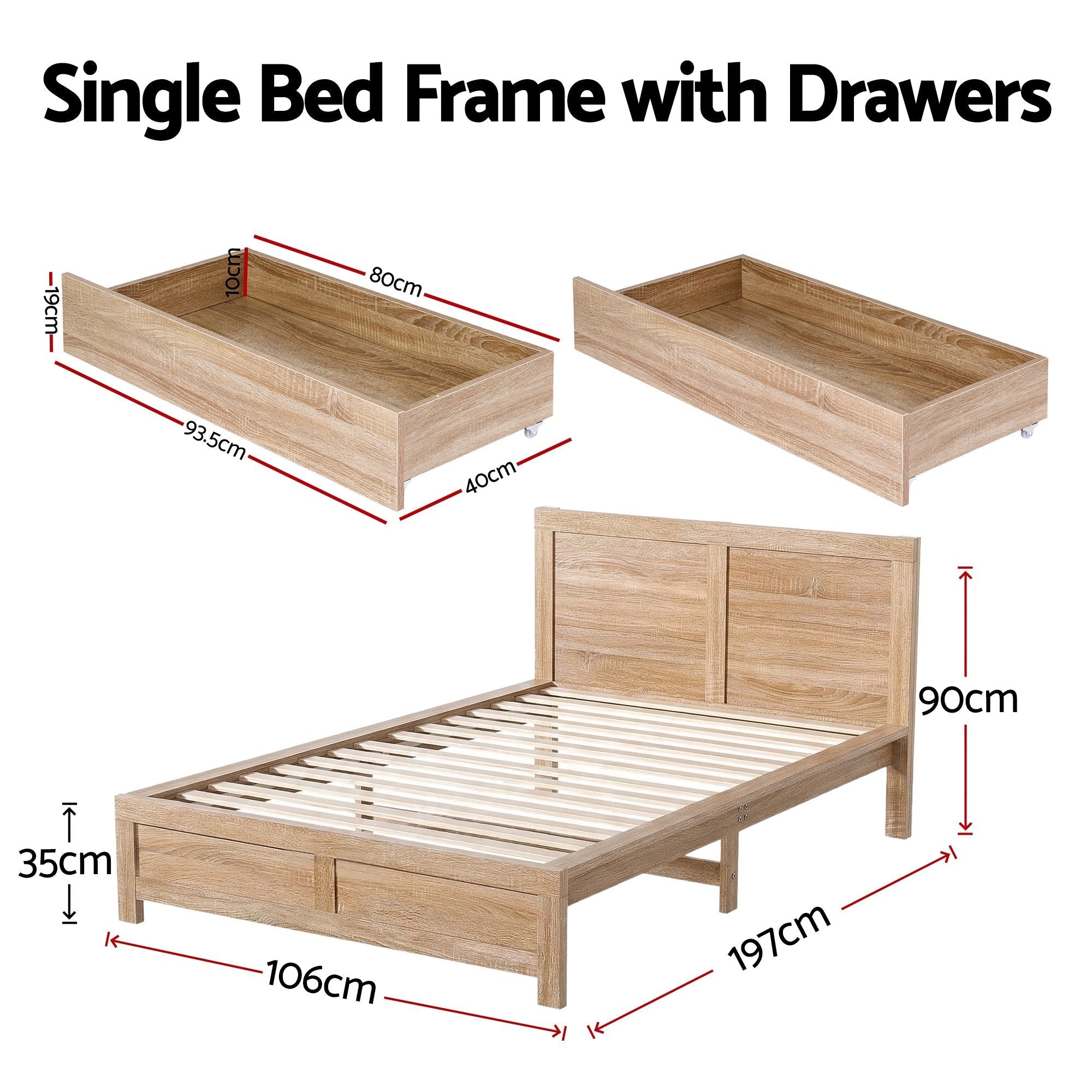 Single Bed Frame with 2 Drawers Wooden Bed Base Walnut - Furniture > Bedroom > Beds & Bed Frames - Rivercity House & Home Co. (ABN 18 642 972 209) - Affordable Modern Furniture Australia