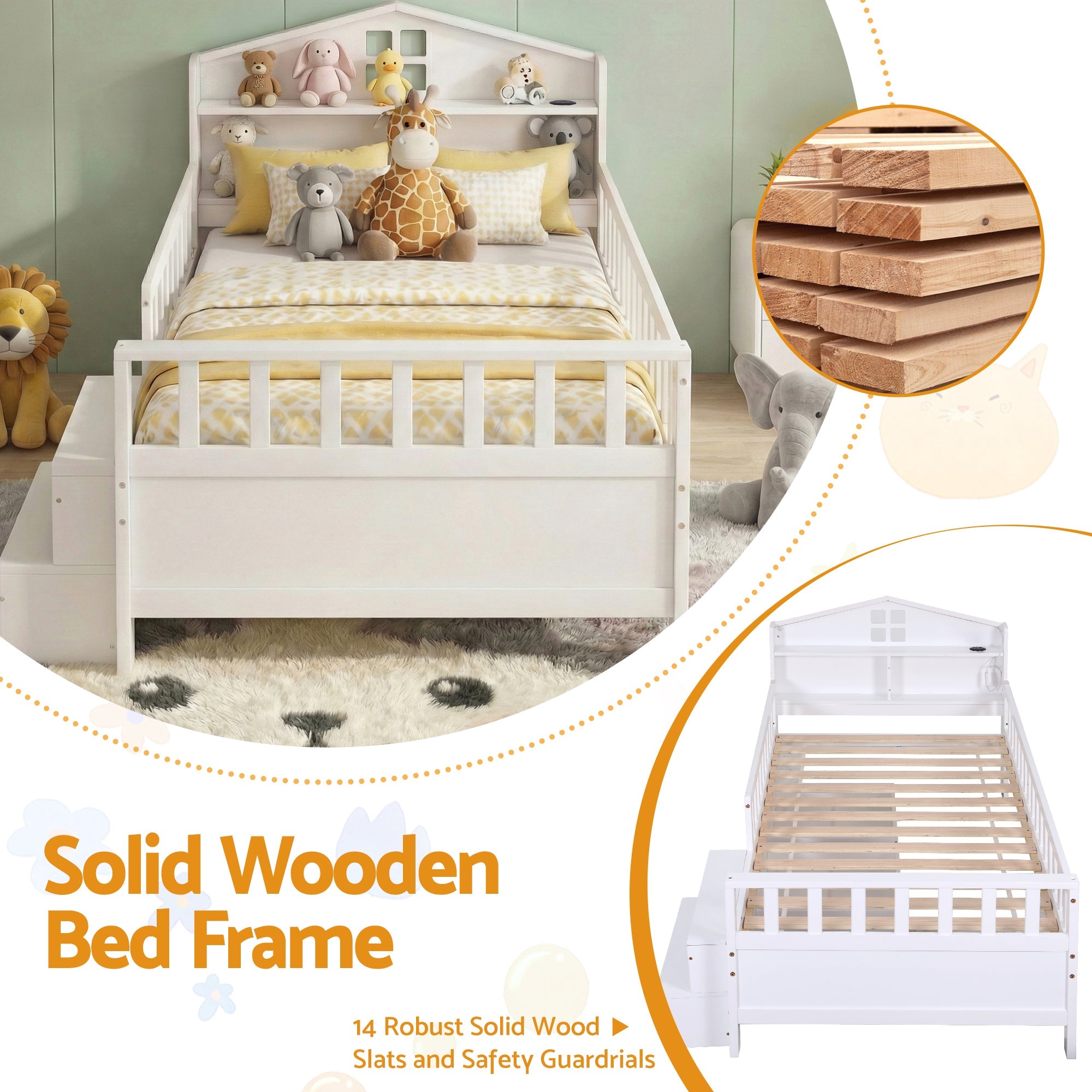 Single Bed Frame with 2 Storage Drawers, Montessori Bed with Headboard, 2 USB Ports & Led Light, Solid Wood Platform Bed Base with Safety Rail & Ladder, 31CM Under - Bed Storage, White - Furniture > Living Room > TV Units - Rivercity House & Home Co. (ABN 18 642 972 209) - Affordable Modern Furniture Australia