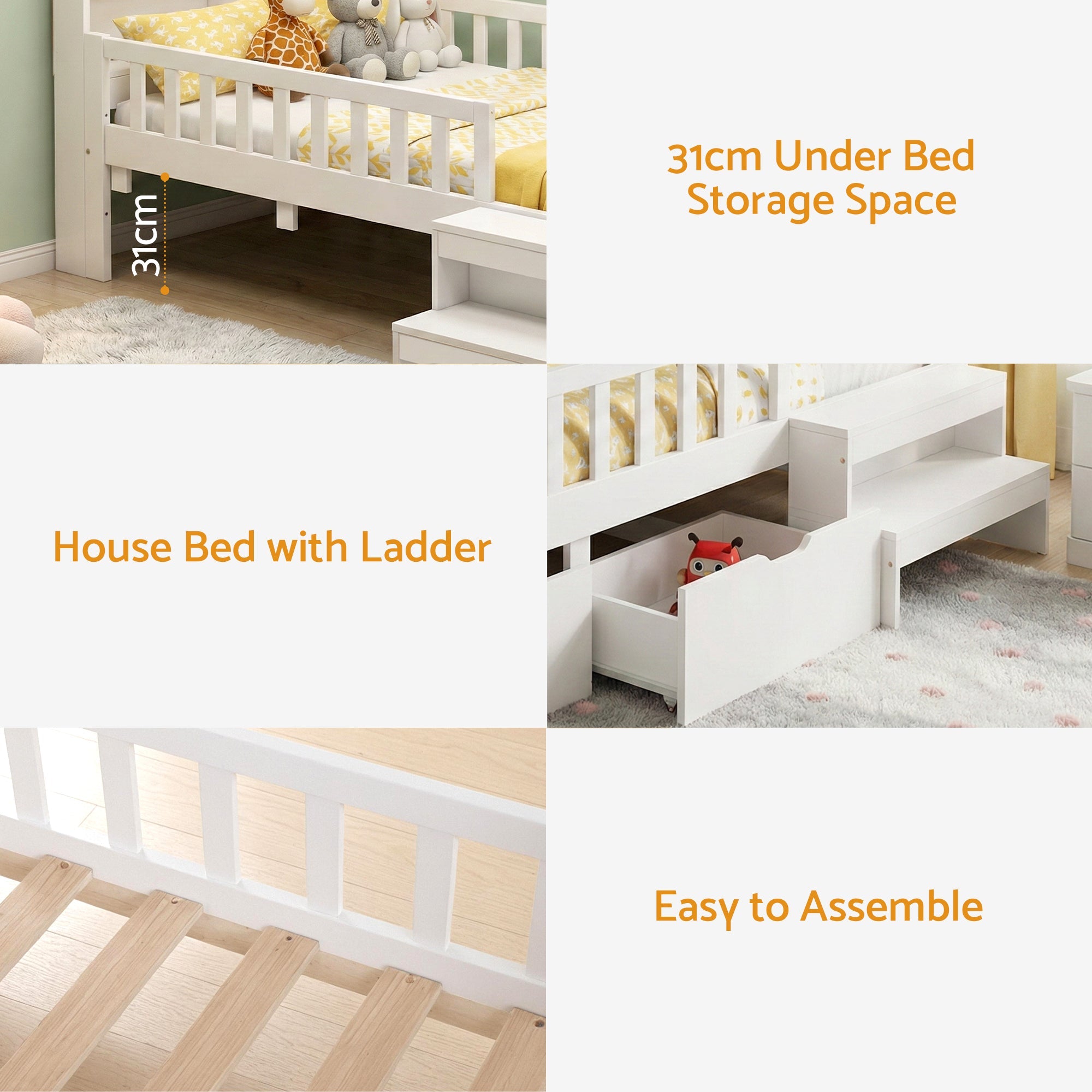 Single Bed Frame with 2 Storage Drawers, Montessori Bed with Headboard, 2 USB Ports & Led Light, Solid Wood Platform Bed Base with Safety Rail & Ladder, 31CM Under - Bed Storage, White - Furniture > Living Room > TV Units - Rivercity House & Home Co. (ABN 18 642 972 209) - Affordable Modern Furniture Australia
