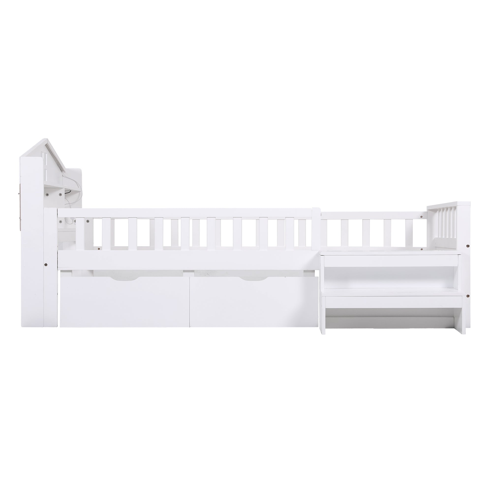 Single Bed Frame with 2 Storage Drawers, Montessori Bed with Headboard, 2 USB Ports & Led Light, Solid Wood Platform Bed Base with Safety Rail & Ladder, 31CM Under - Bed Storage, White - Furniture > Living Room > TV Units - Rivercity House & Home Co. (ABN 18 642 972 209) - Affordable Modern Furniture Australia