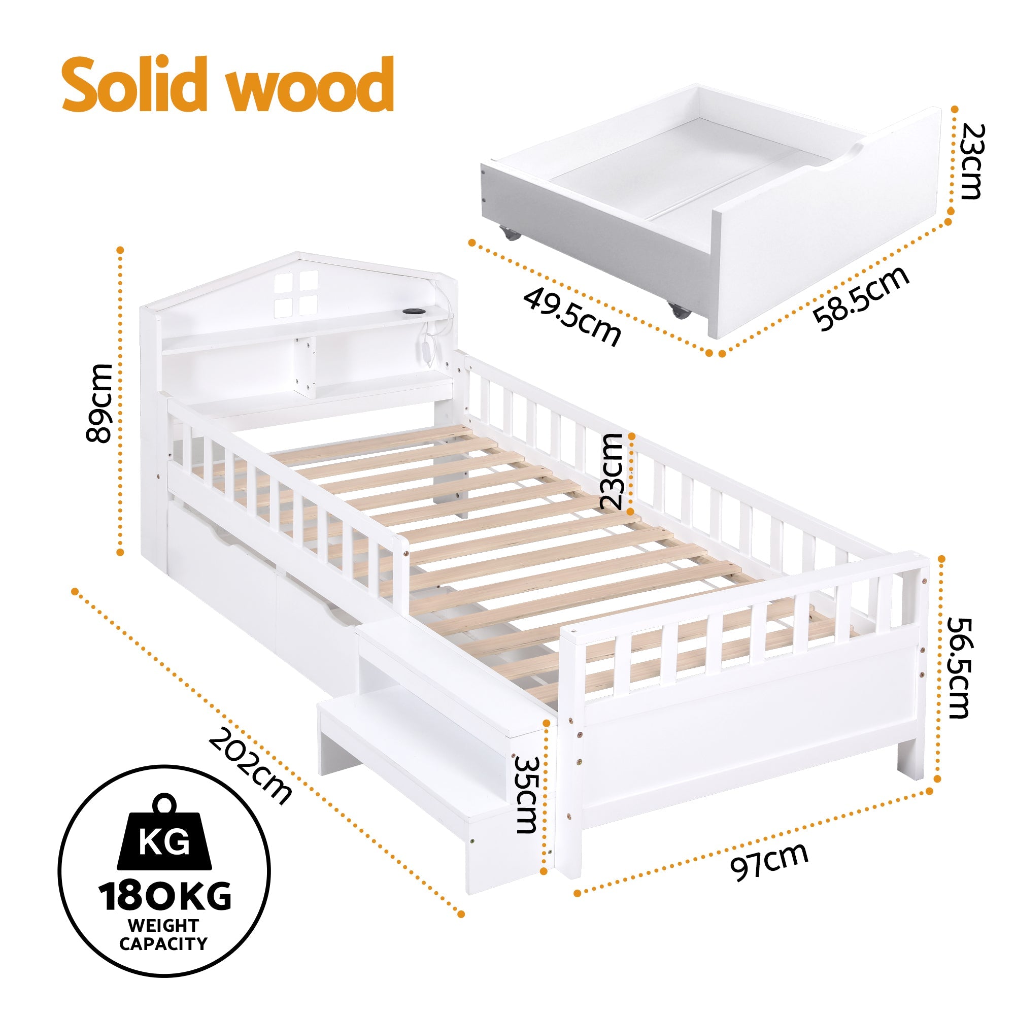 Single Bed Frame with 2 Storage Drawers, Montessori Bed with Headboard, 2 USB Ports & Led Light, Solid Wood Platform Bed Base with Safety Rail & Ladder, 31CM Under - Bed Storage, White - Furniture > Living Room > TV Units - Rivercity House & Home Co. (ABN 18 642 972 209) - Affordable Modern Furniture Australia