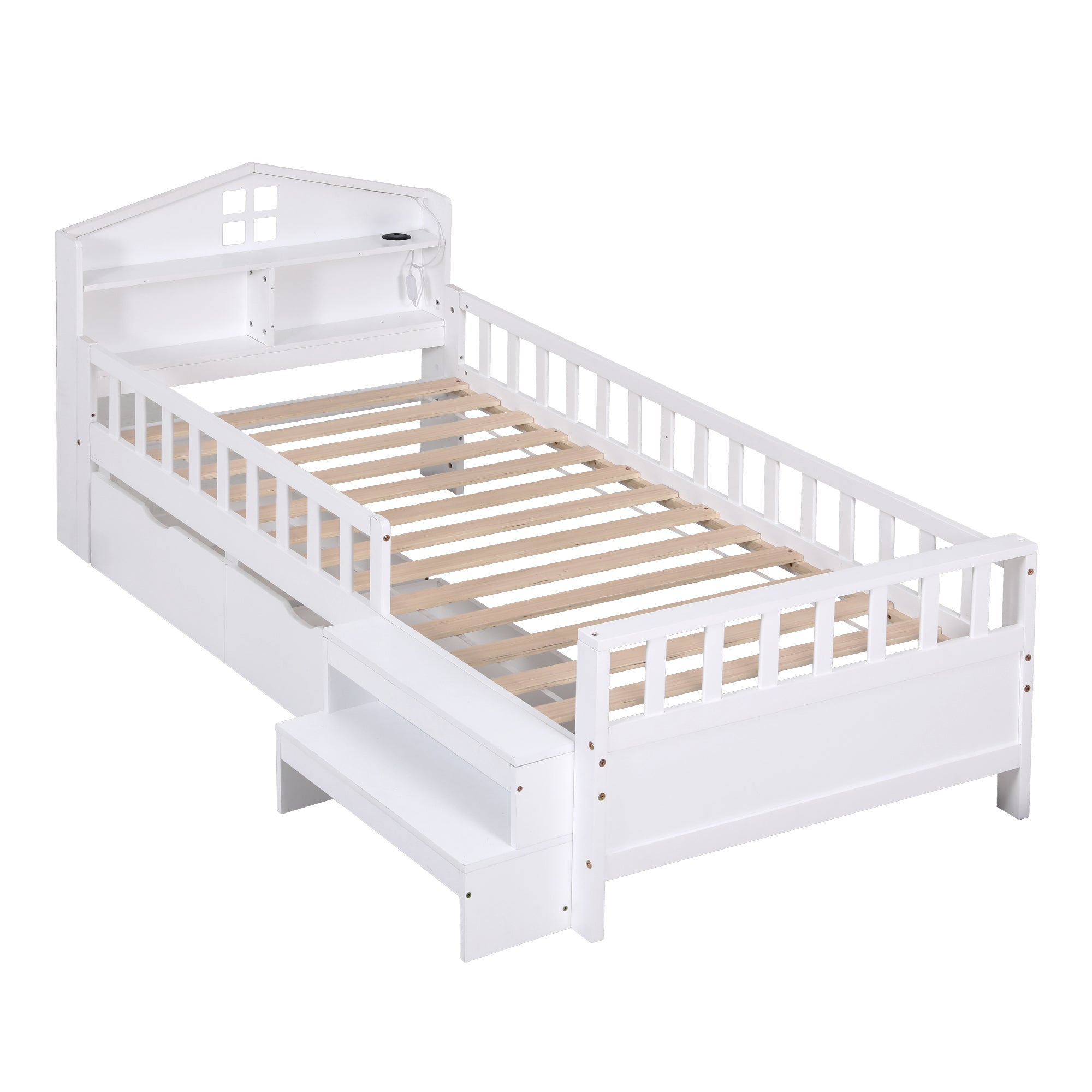 Single Bed Frame with 2 Storage Drawers, Montessori Bed with Headboard, 2 USB Ports & Led Light, Solid Wood Platform Bed Base with Safety Rail & Ladder, 31CM Under - Bed Storage, White - Furniture > Living Room > TV Units - Rivercity House & Home Co. (ABN 18 642 972 209) - Affordable Modern Furniture Australia