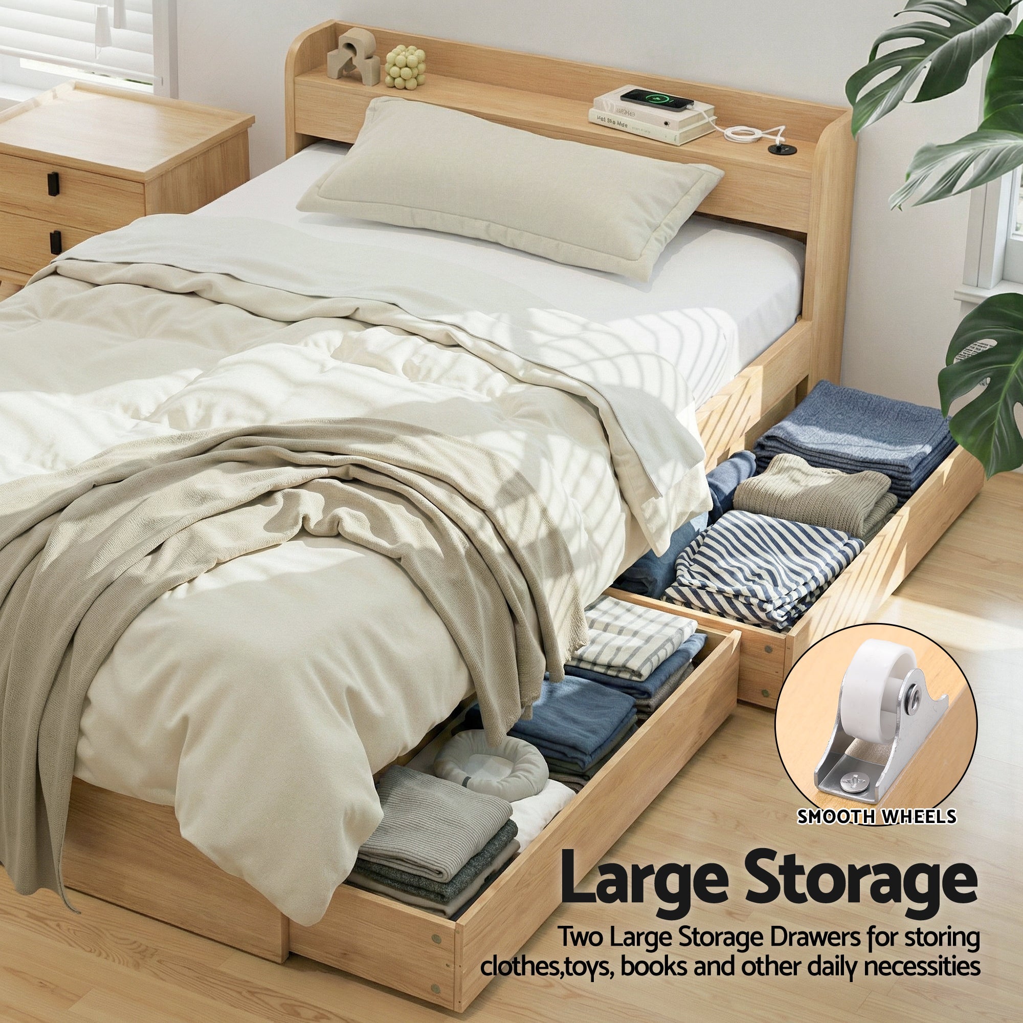 Single Bed Frame with 2 Storage Drawers & USB Ports Platform Base - Natural - Furniture > Bedroom > Beds & Bed Frames - Rivercity House & Home Co. (ABN 18 642 972 209) - Affordable Modern Furniture Australia