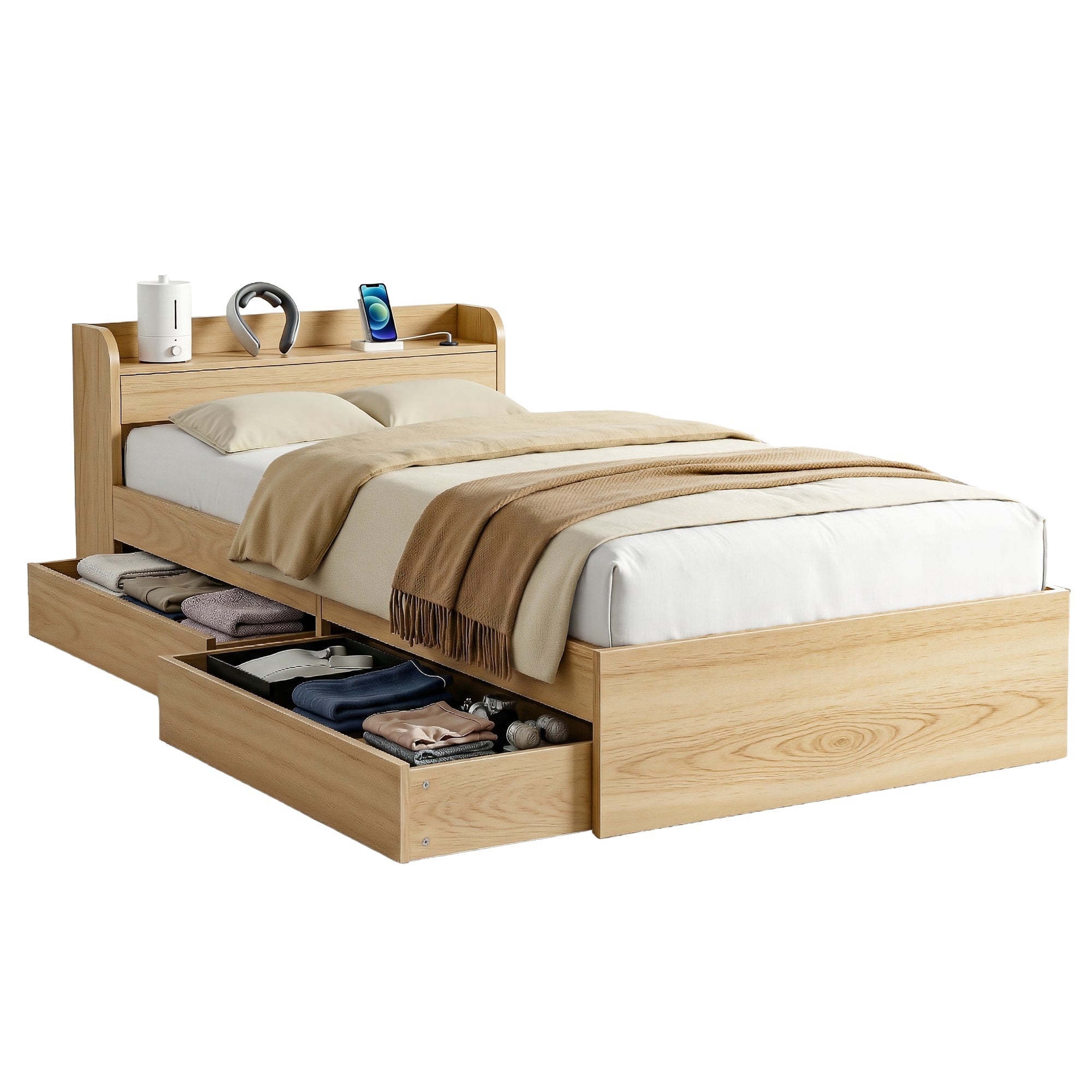 Single Bed Frame with 2 Storage Drawers & USB Ports Platform Base - Natural - Furniture > Bedroom > Beds & Bed Frames - Rivercity House & Home Co. (ABN 18 642 972 209) - Affordable Modern Furniture Australia