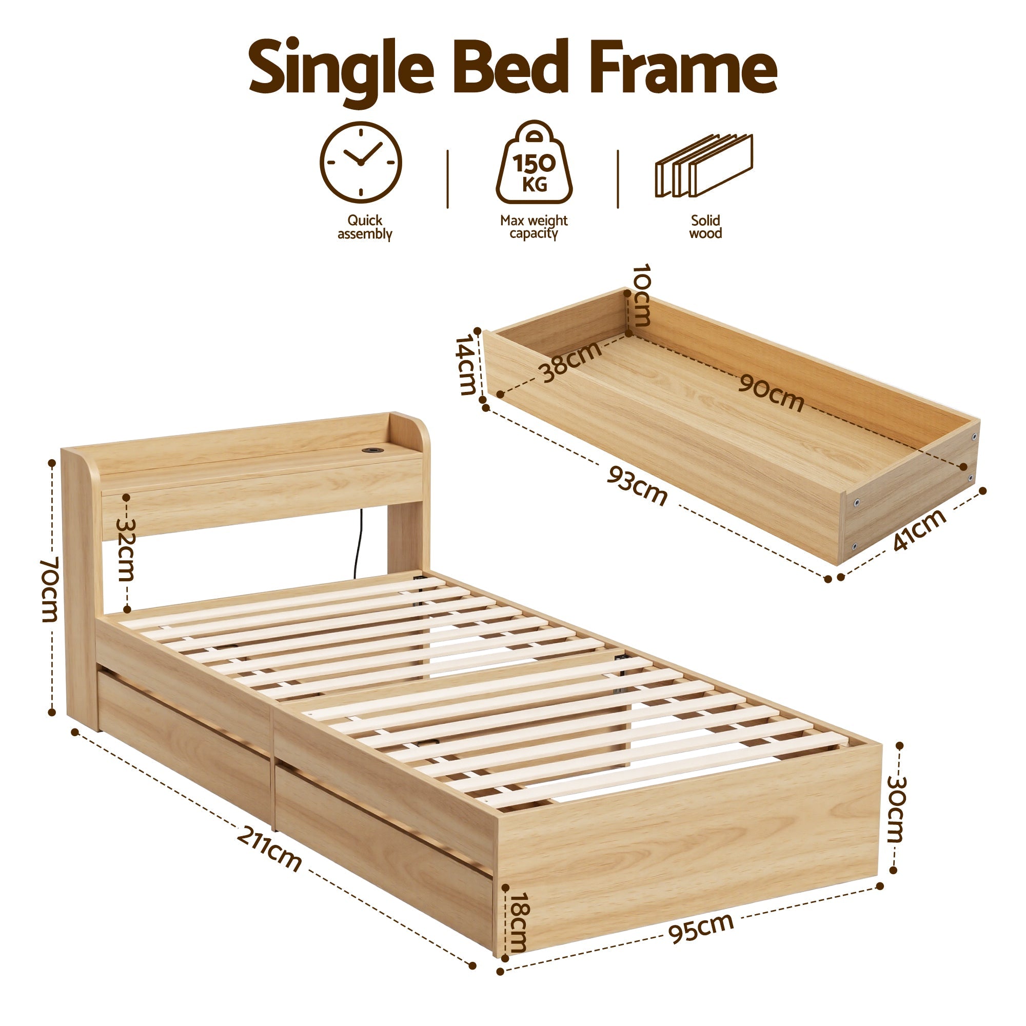 Single Bed Frame with 2 Storage Drawers & USB Ports Platform Base - Natural - Furniture > Bedroom > Beds & Bed Frames - Rivercity House & Home Co. (ABN 18 642 972 209) - Affordable Modern Furniture Australia