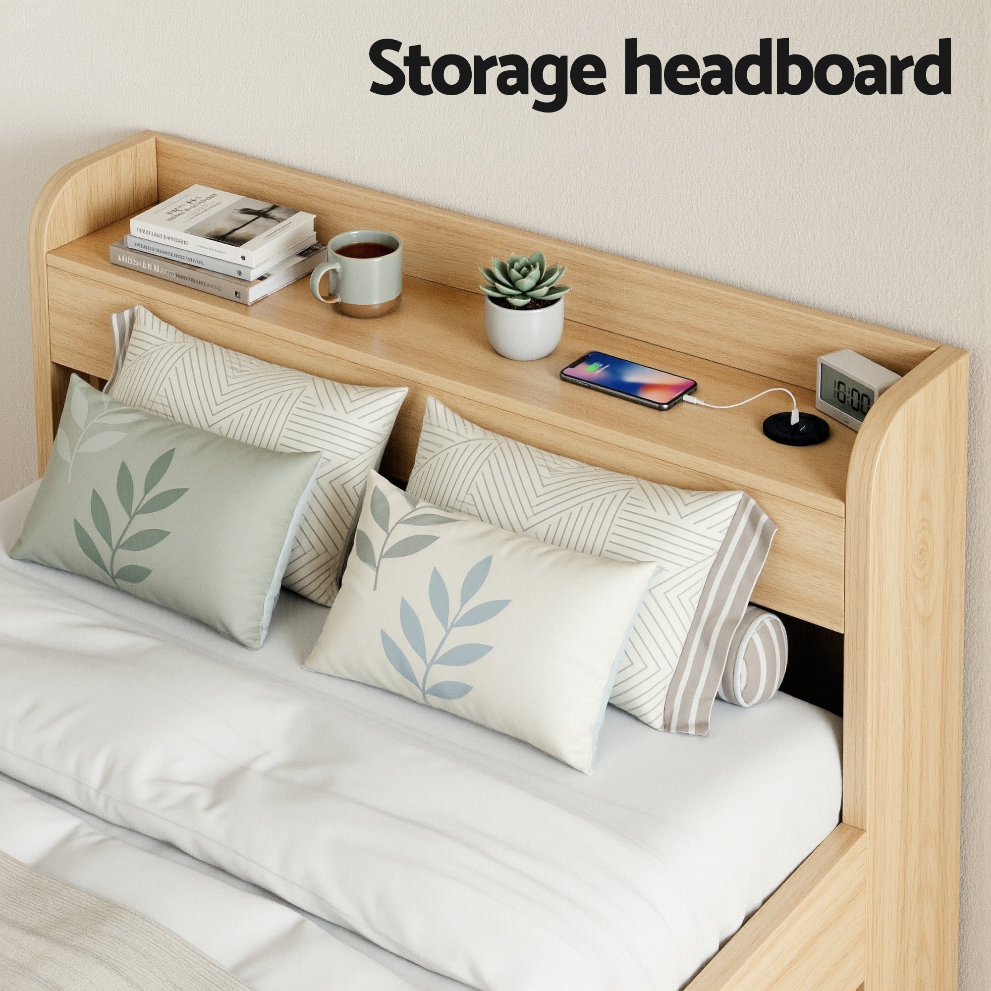 Single Bed Frame with 2 Storage Drawers & USB Ports Platform Base - Natural - Furniture > Bedroom > Beds & Bed Frames - Rivercity House & Home Co. (ABN 18 642 972 209) - Affordable Modern Furniture Australia