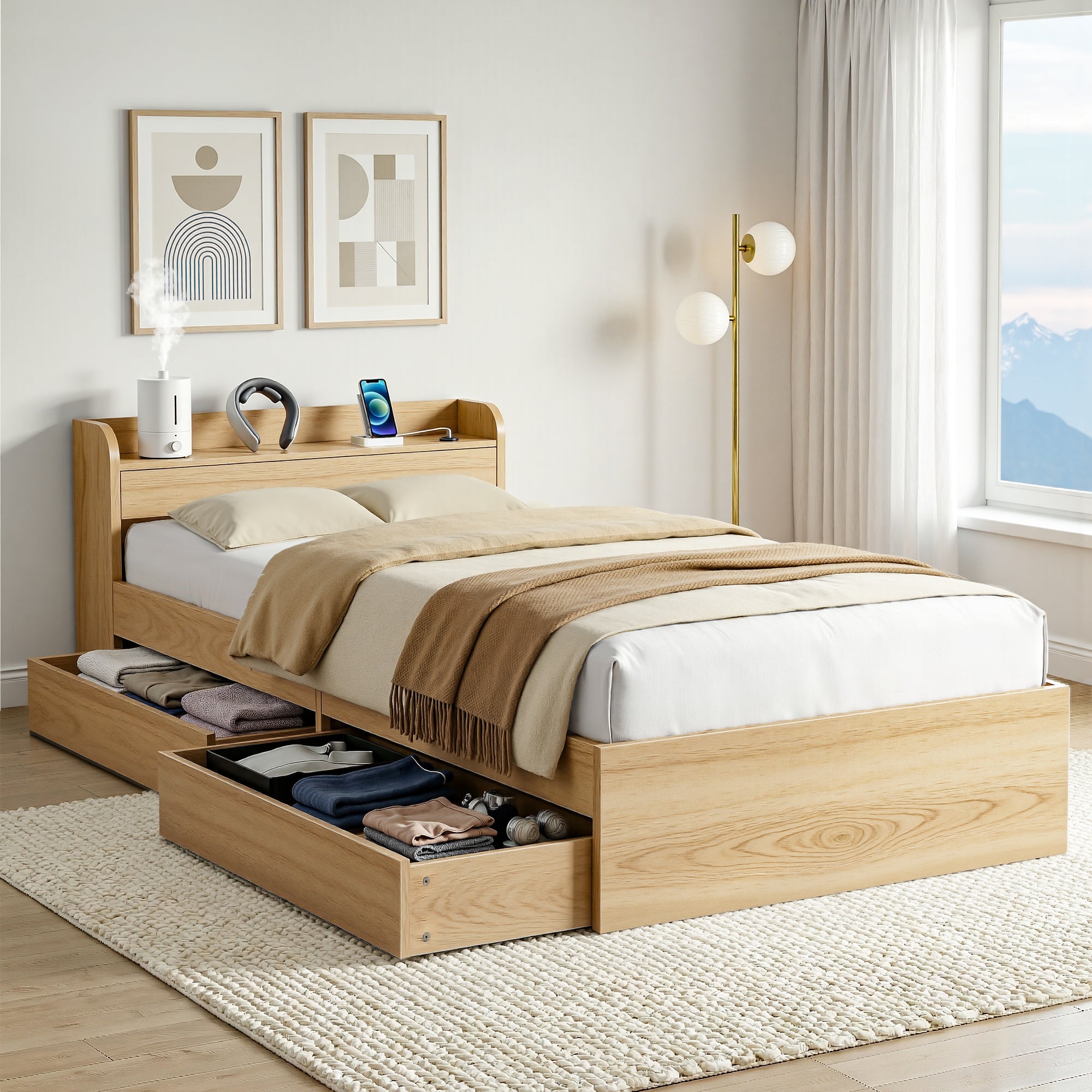 Single Bed Frame with 2 Storage Drawers & USB Ports Platform Base - Natural - Furniture > Bedroom > Beds & Bed Frames - Rivercity House & Home Co. (ABN 18 642 972 209) - Affordable Modern Furniture Australia