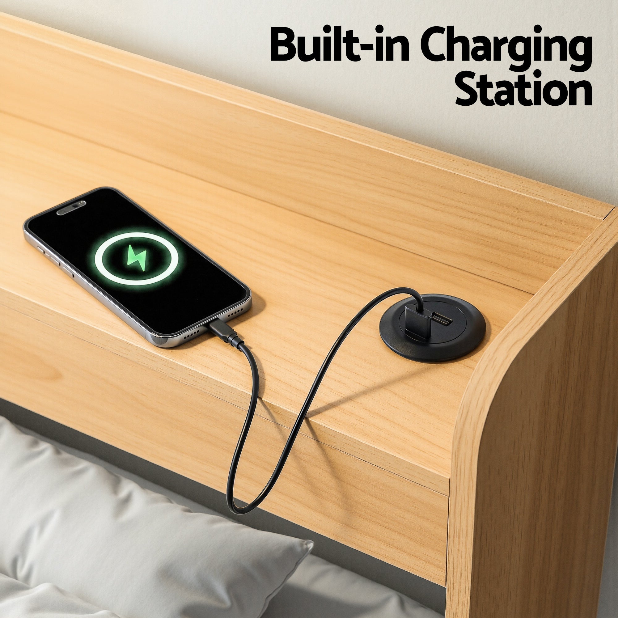 Single Bed Frame with 2 Storage Drawers & USB Ports Platform Base - Natural - Furniture > Bedroom > Beds & Bed Frames - Rivercity House & Home Co. (ABN 18 642 972 209) - Affordable Modern Furniture Australia