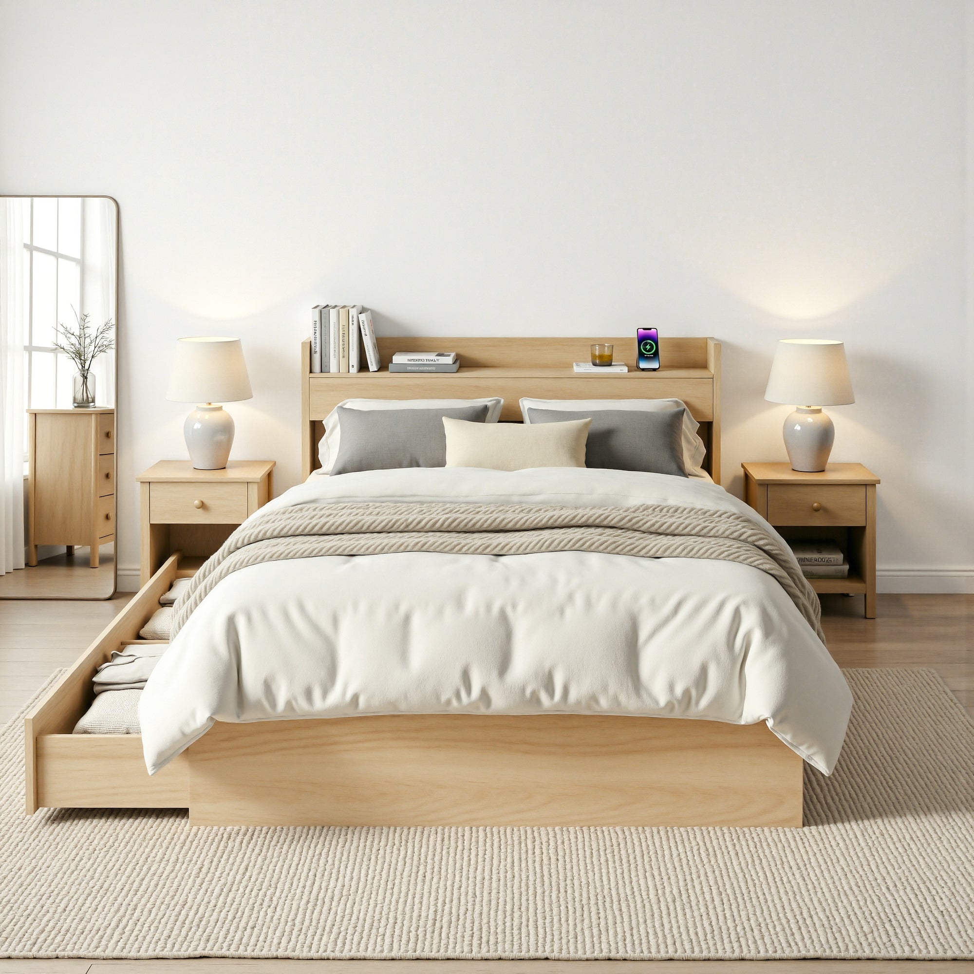 Single Bed Frame with 2 Storage Drawers & USB Ports Platform Base - Natural - Furniture > Bedroom > Beds & Bed Frames - Rivercity House & Home Co. (ABN 18 642 972 209) - Affordable Modern Furniture Australia