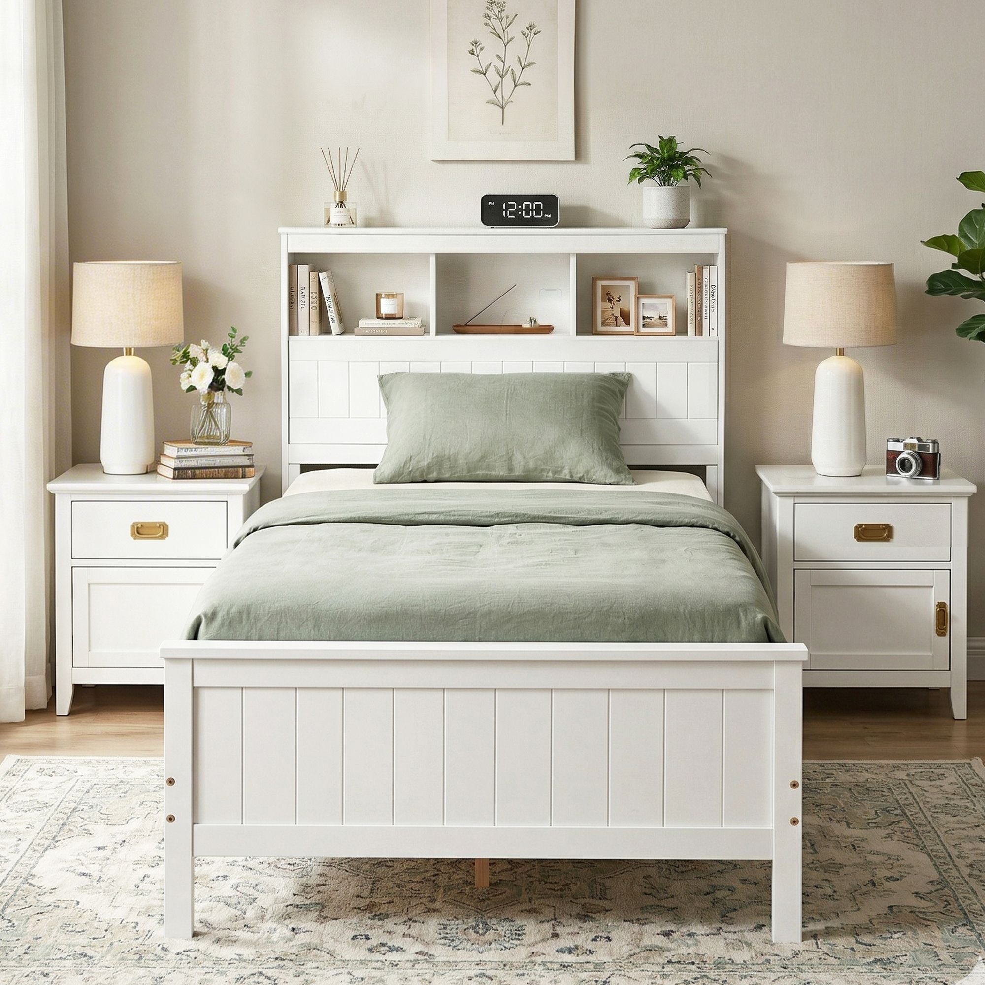 Single Bed Frame with Storage Headboard and Footboard Wooden Bed Base White - Furniture > Bedroom > Beds & Bed Frames - Rivercity House & Home Co. (ABN 18 642 972 209) - Affordable Modern Furniture Australia