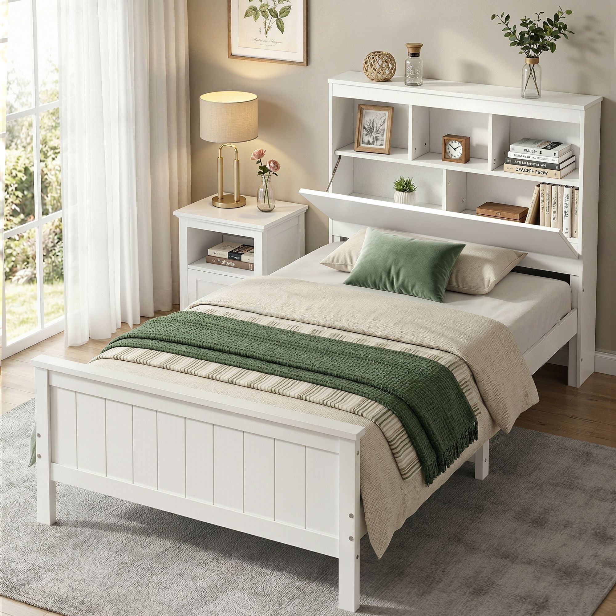 Single Bed Frame with Storage Headboard and Footboard Wooden Bed Base White - Furniture > Bedroom > Beds & Bed Frames - Rivercity House & Home Co. (ABN 18 642 972 209) - Affordable Modern Furniture Australia