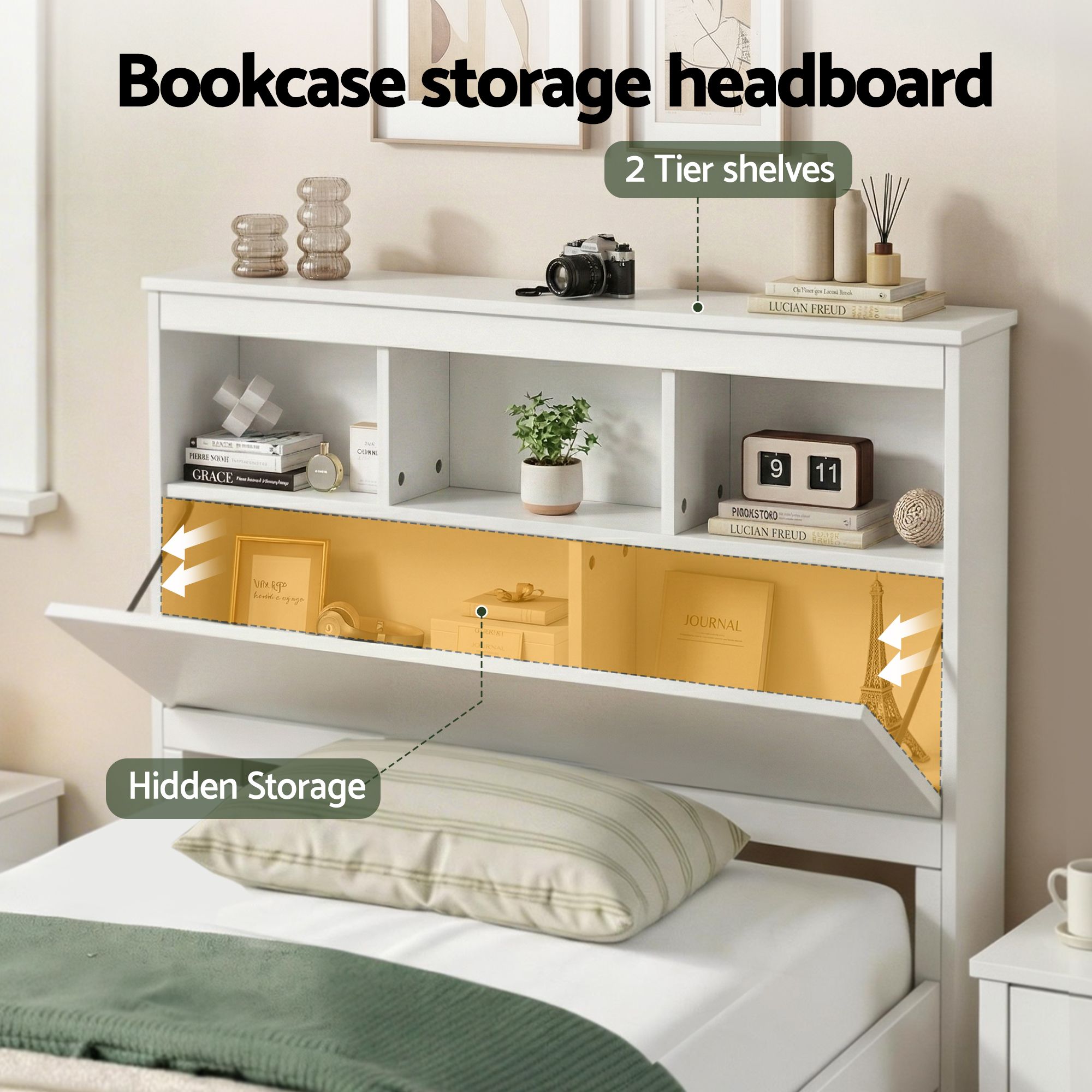 Single Bed Frame with Storage Headboard and Footboard Wooden Bed Base White - Furniture > Bedroom > Beds & Bed Frames - Rivercity House & Home Co. (ABN 18 642 972 209) - Affordable Modern Furniture Australia