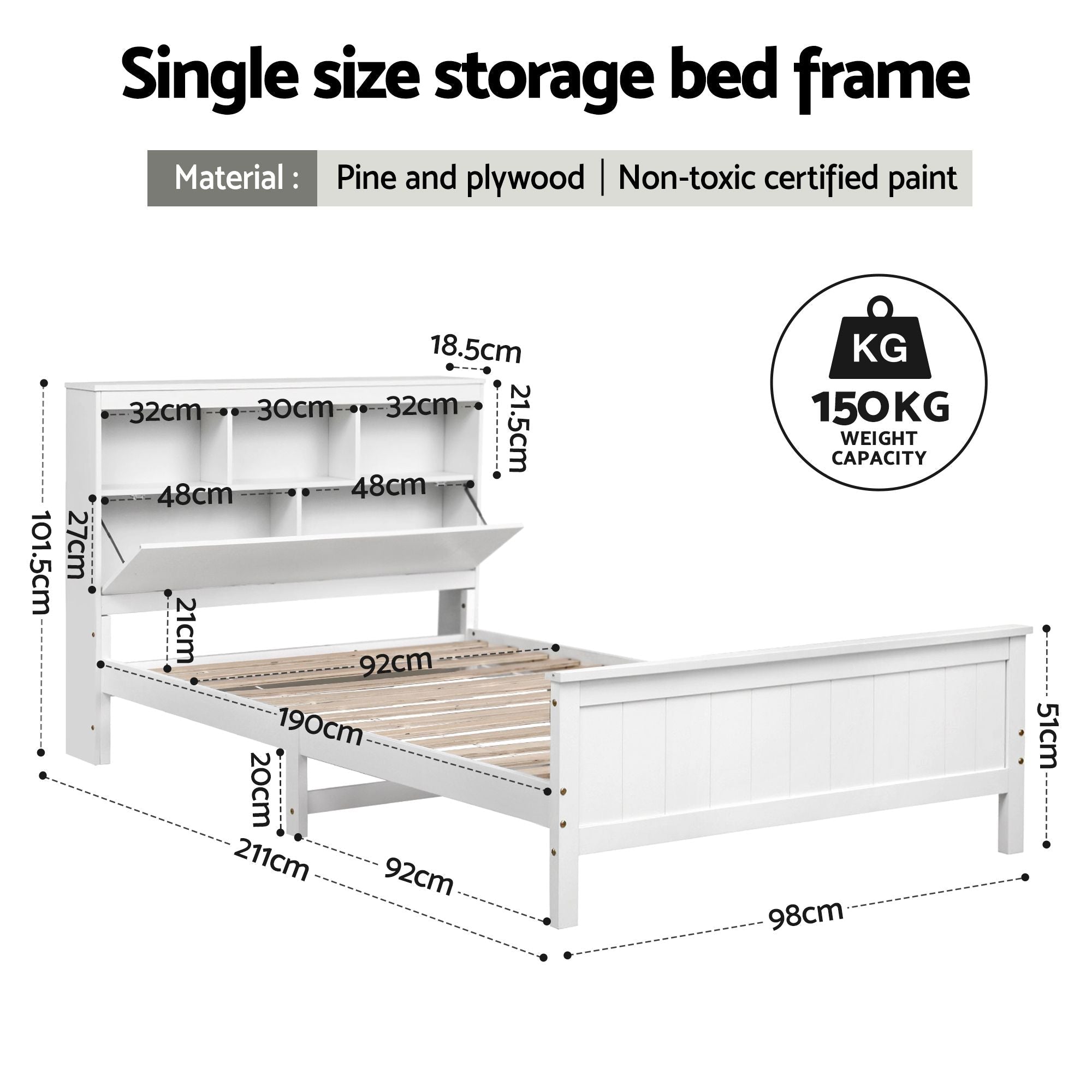 Single Bed Frame with Storage Headboard and Footboard Wooden Bed Base White - Furniture > Bedroom > Beds & Bed Frames - Rivercity House & Home Co. (ABN 18 642 972 209) - Affordable Modern Furniture Australia