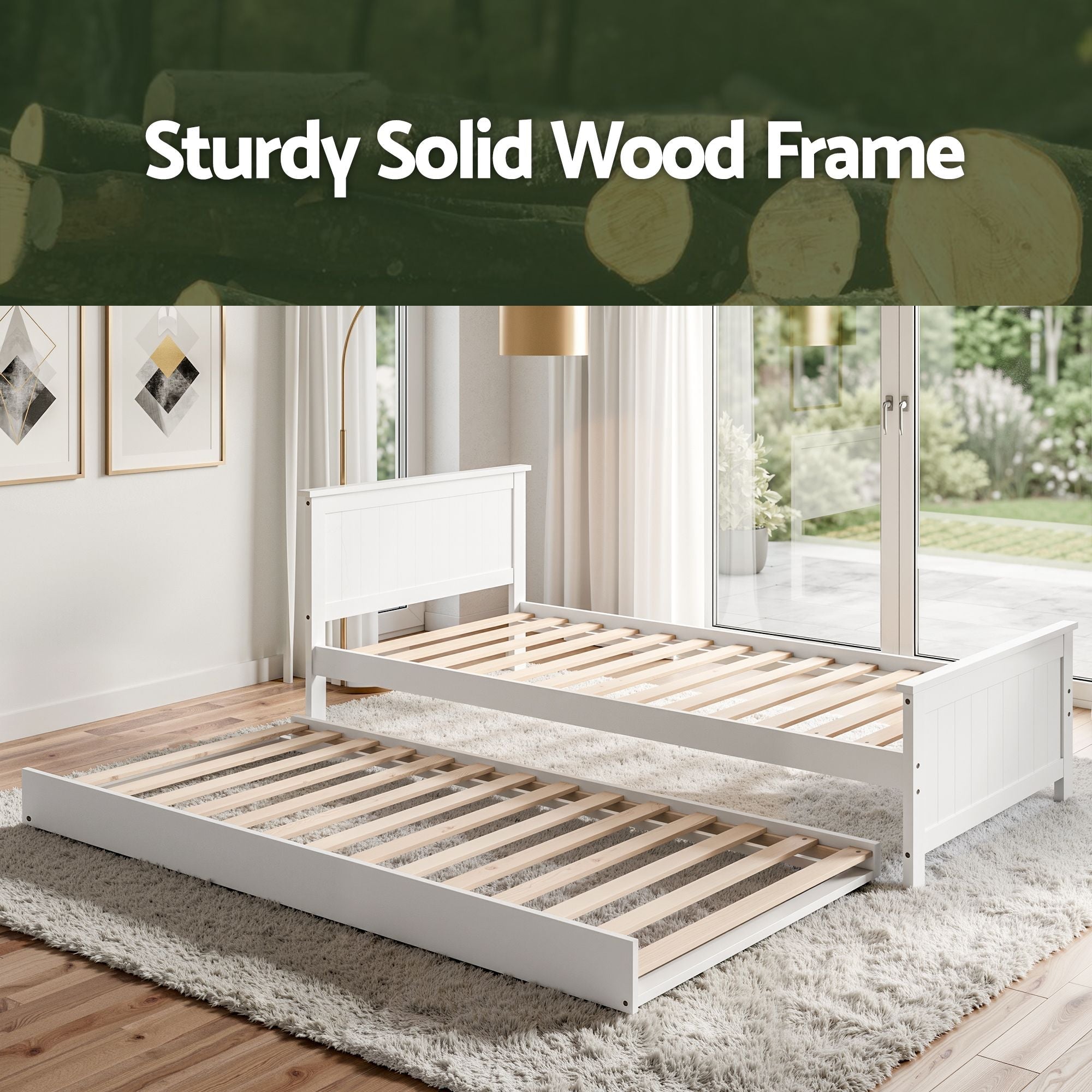 Single Bed Frame with Trundle Solid Wood Toddler Bunk Bed with Headboard White - Furniture > Bedroom > Beds & Bed Frames - Rivercity House & Home Co. (ABN 18 642 972 209) - Affordable Modern Furniture Australia