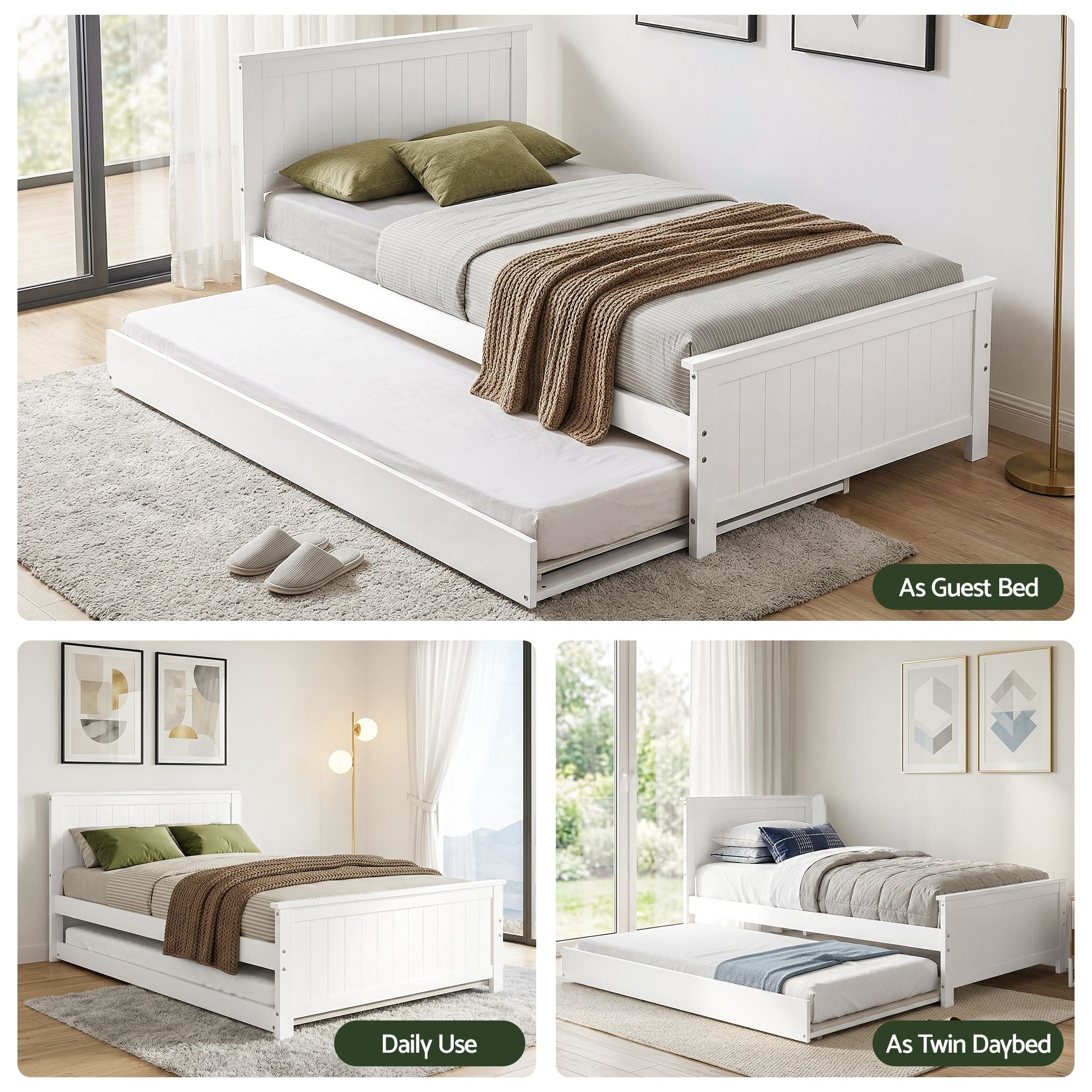 Single Bed Frame with Trundle Solid Wood Toddler Bunk Bed with Headboard White - Furniture > Bedroom > Beds & Bed Frames - Rivercity House & Home Co. (ABN 18 642 972 209) - Affordable Modern Furniture Australia