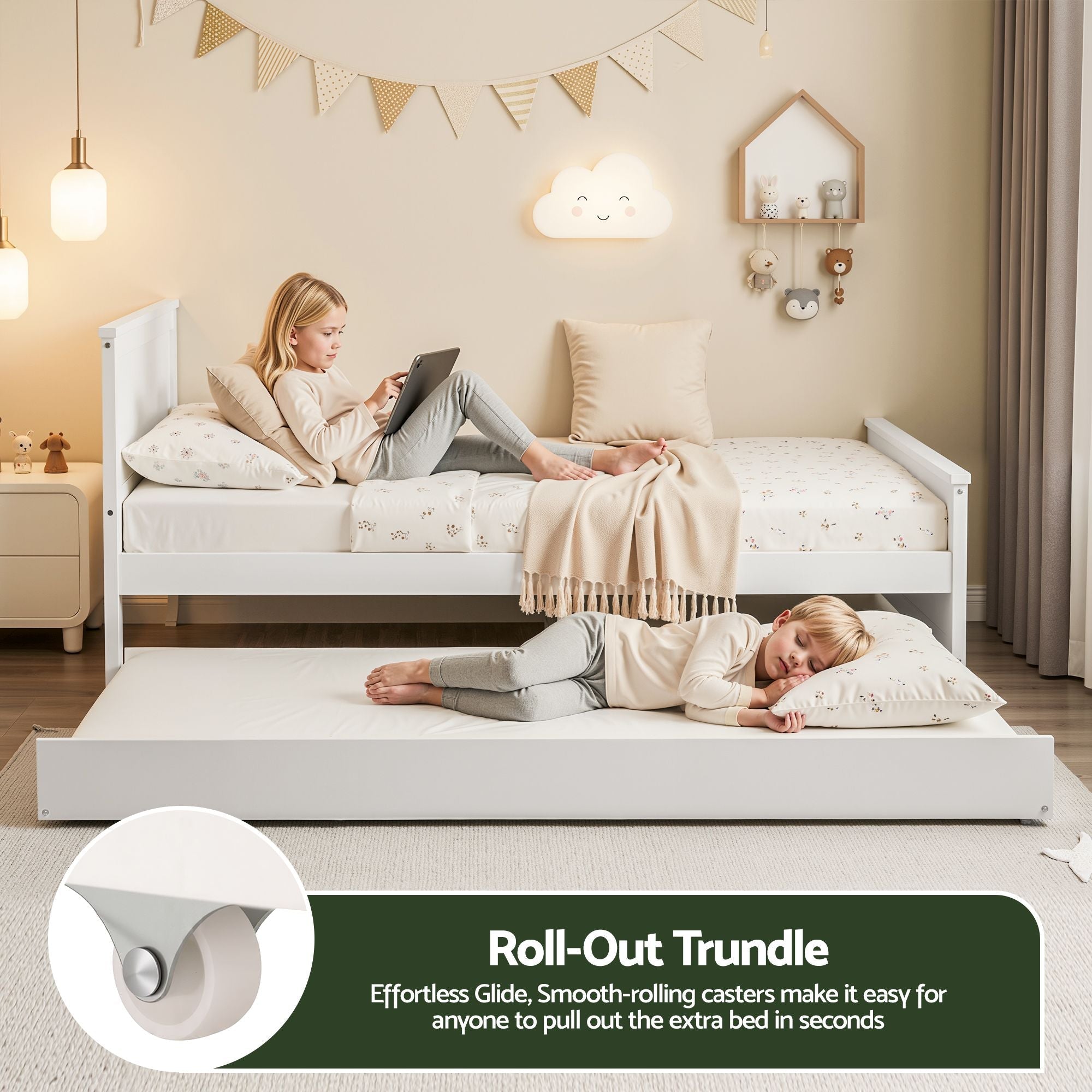 Single Bed Frame with Trundle Solid Wood Toddler Bunk Bed with Headboard White - Furniture > Bedroom > Beds & Bed Frames - Rivercity House & Home Co. (ABN 18 642 972 209) - Affordable Modern Furniture Australia