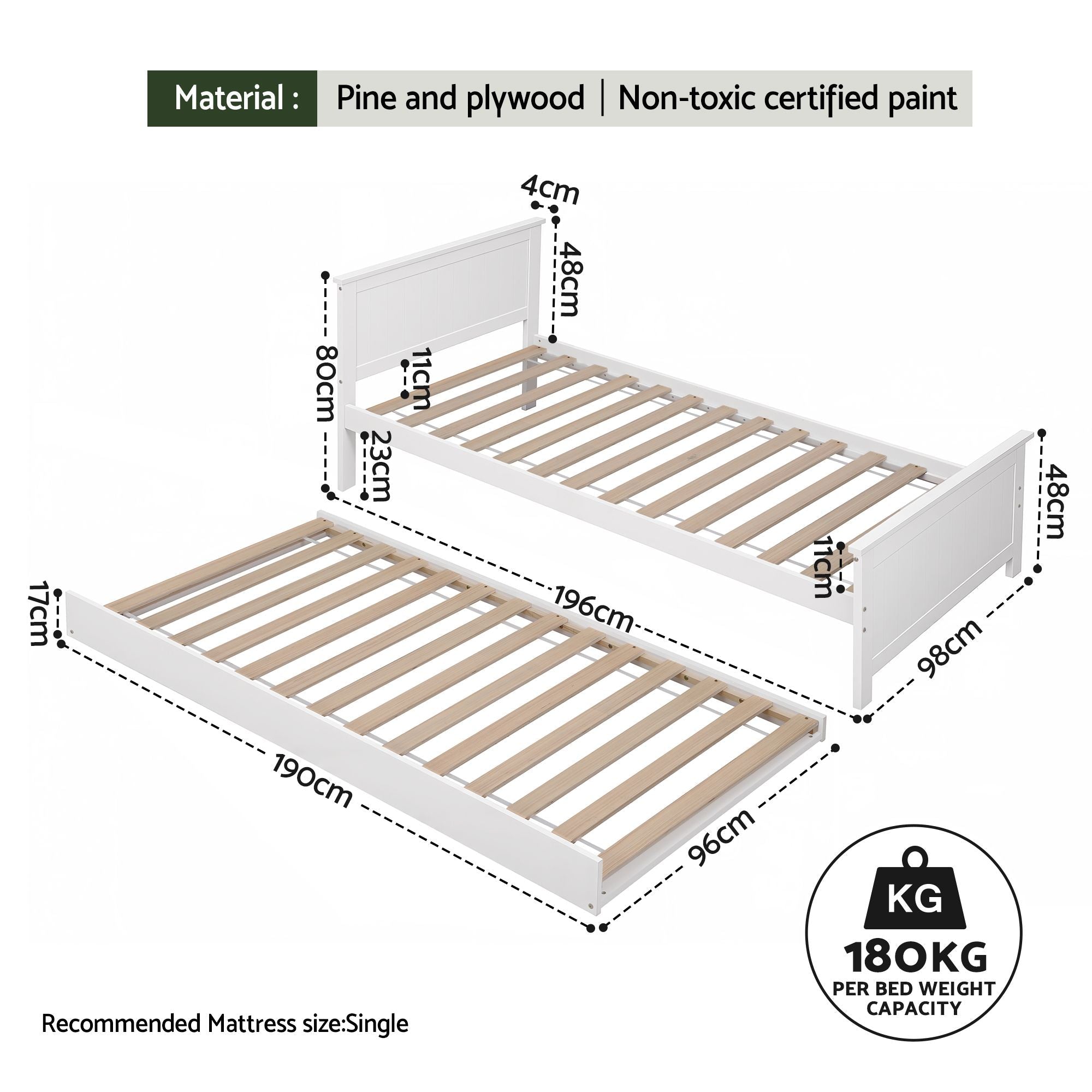 Single Bed Frame with Trundle Solid Wood Toddler Bunk Bed with Headboard White - Furniture > Bedroom > Beds & Bed Frames - Rivercity House & Home Co. (ABN 18 642 972 209) - Affordable Modern Furniture Australia