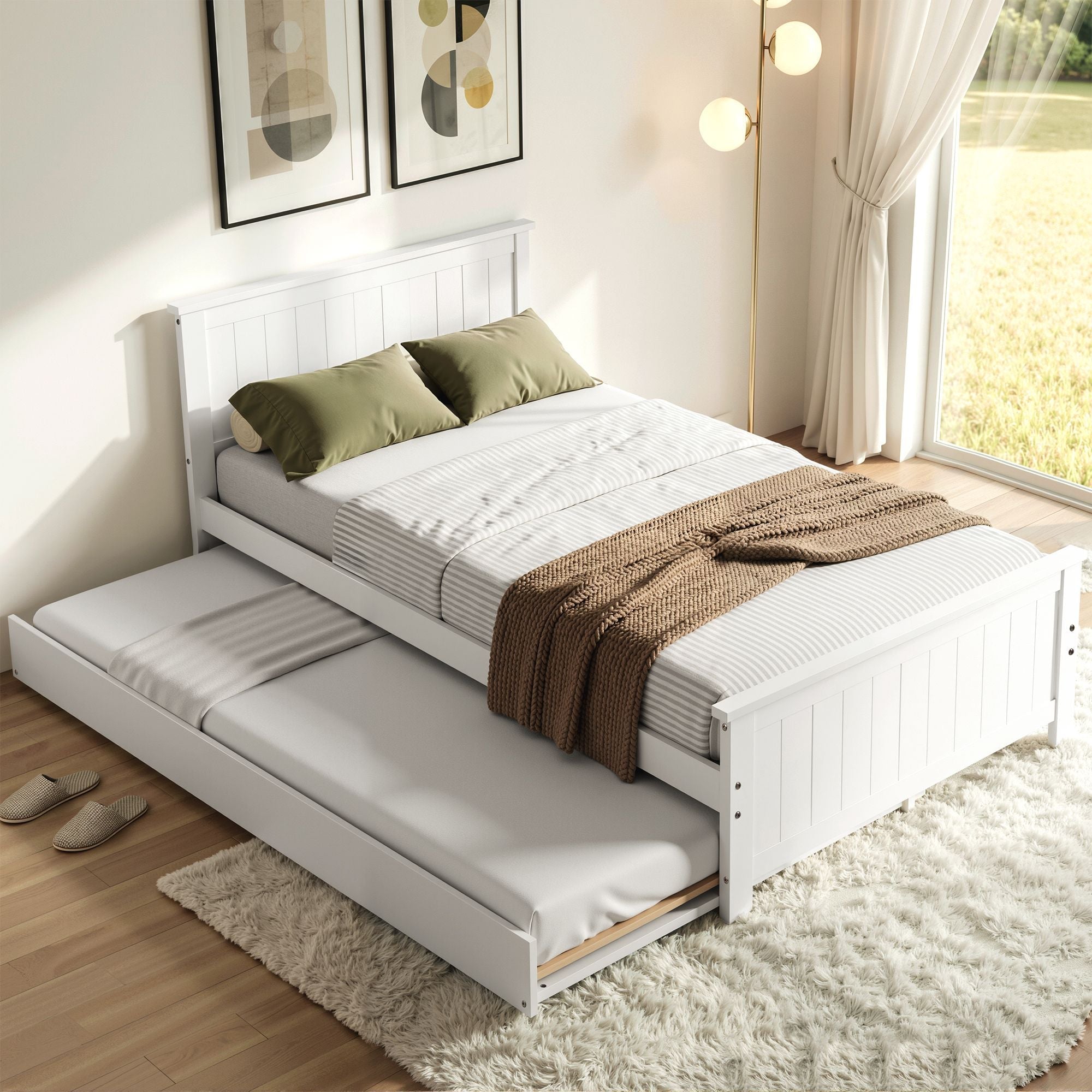Single Bed Frame with Trundle Solid Wood Toddler Bunk Bed with Headboard White - Furniture > Bedroom > Beds & Bed Frames - Rivercity House & Home Co. (ABN 18 642 972 209) - Affordable Modern Furniture Australia