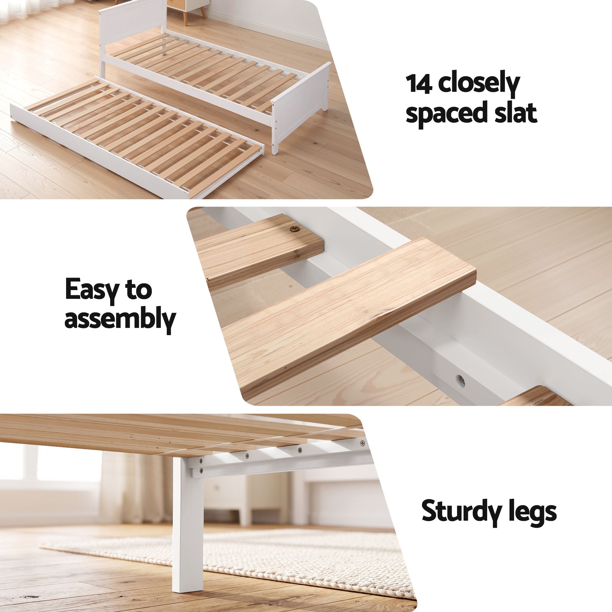 Single Bed Frame with Trundle Solid Wood Toddler Bunk Bed with Headboard White - Furniture > Bedroom > Beds & Bed Frames - Rivercity House & Home Co. (ABN 18 642 972 209) - Affordable Modern Furniture Australia
