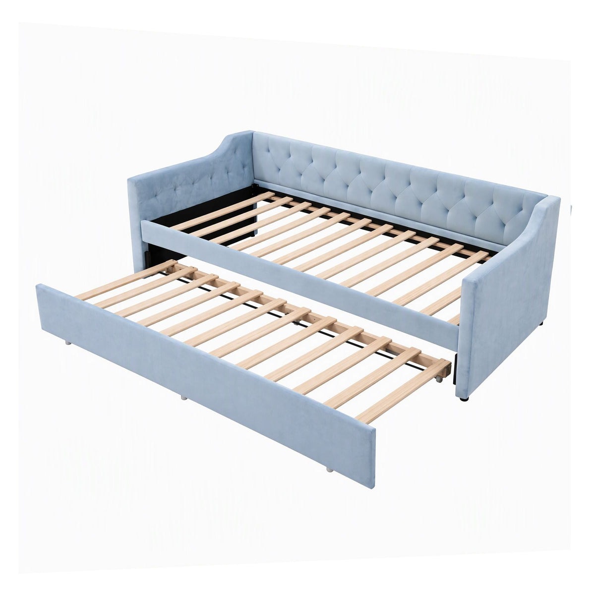 Single Buttonless Tufted Daybed Frame with Pull-Out Trundle - Blue - Furniture > Bedroom > Beds & Bed Frames - Rivercity House & Home Co. (ABN 18 642 972 209) - Affordable Modern Furniture Australia