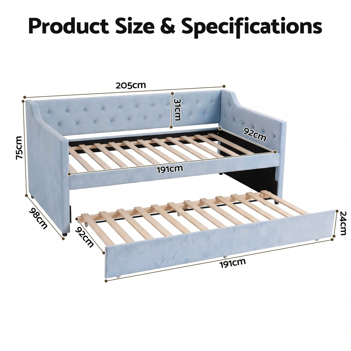 Single Buttonless Tufted Daybed Frame with Pull-Out Trundle - Blue - Furniture > Bedroom > Beds & Bed Frames - Rivercity House & Home Co. (ABN 18 642 972 209) - Affordable Modern Furniture Australia