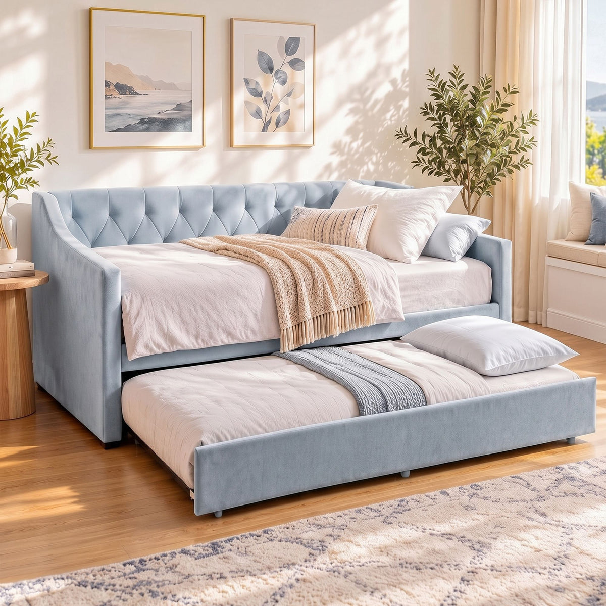 Single Buttonless Tufted Daybed Frame with Pull-Out Trundle - Blue - Furniture > Bedroom > Beds & Bed Frames - Rivercity House & Home Co. (ABN 18 642 972 209) - Affordable Modern Furniture Australia