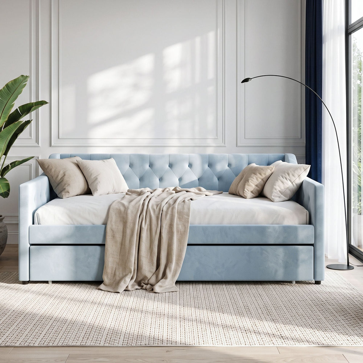 Single Buttonless Tufted Daybed Frame with Pull-Out Trundle - Blue - Furniture > Bedroom > Beds & Bed Frames - Rivercity House & Home Co. (ABN 18 642 972 209) - Affordable Modern Furniture Australia