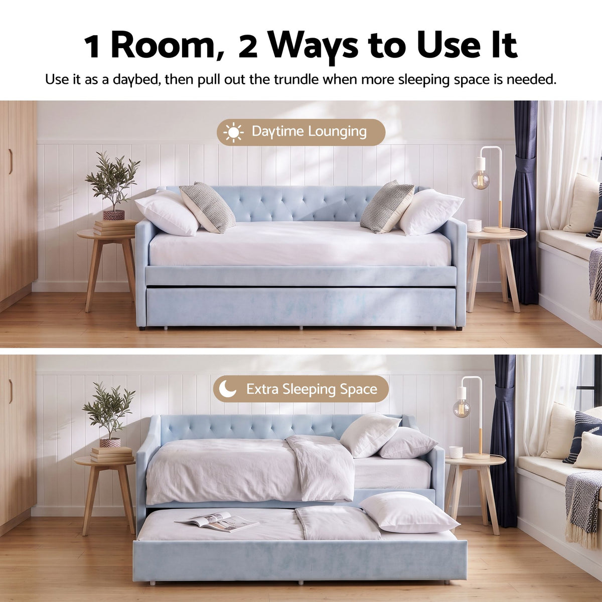 Single Buttonless Tufted Daybed Frame with Pull-Out Trundle - Blue - Furniture > Bedroom > Beds & Bed Frames - Rivercity House & Home Co. (ABN 18 642 972 209) - Affordable Modern Furniture Australia