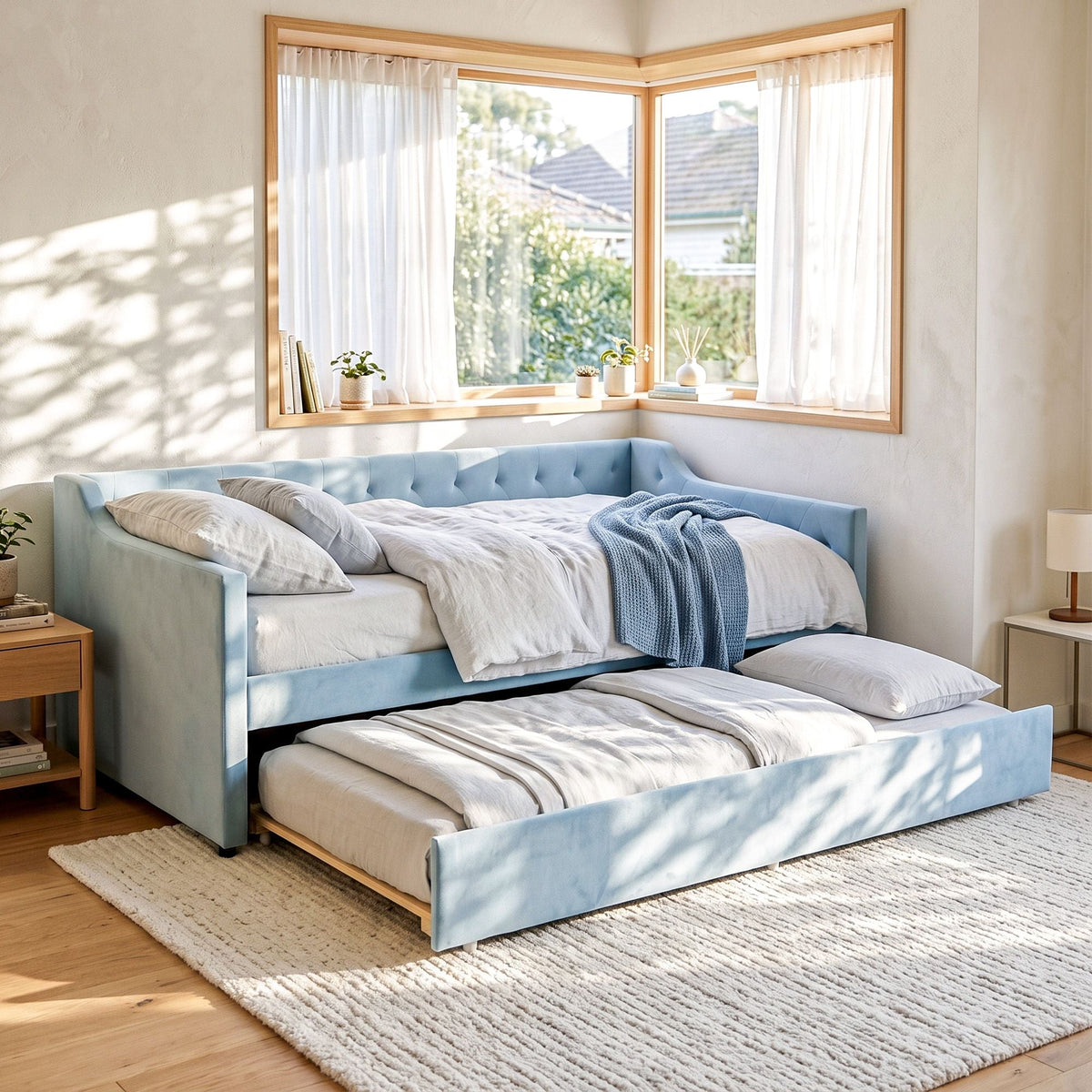 Single Buttonless Tufted Daybed Frame with Pull-Out Trundle - Blue - Furniture > Bedroom > Beds & Bed Frames - Rivercity House & Home Co. (ABN 18 642 972 209) - Affordable Modern Furniture Australia