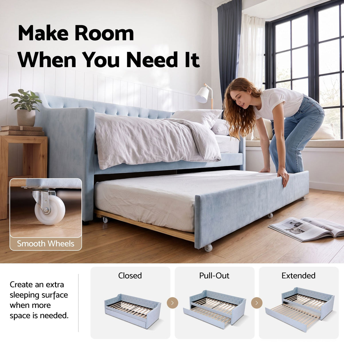 Single Buttonless Tufted Daybed Frame with Pull-Out Trundle - Blue - Furniture > Bedroom > Beds & Bed Frames - Rivercity House & Home Co. (ABN 18 642 972 209) - Affordable Modern Furniture Australia