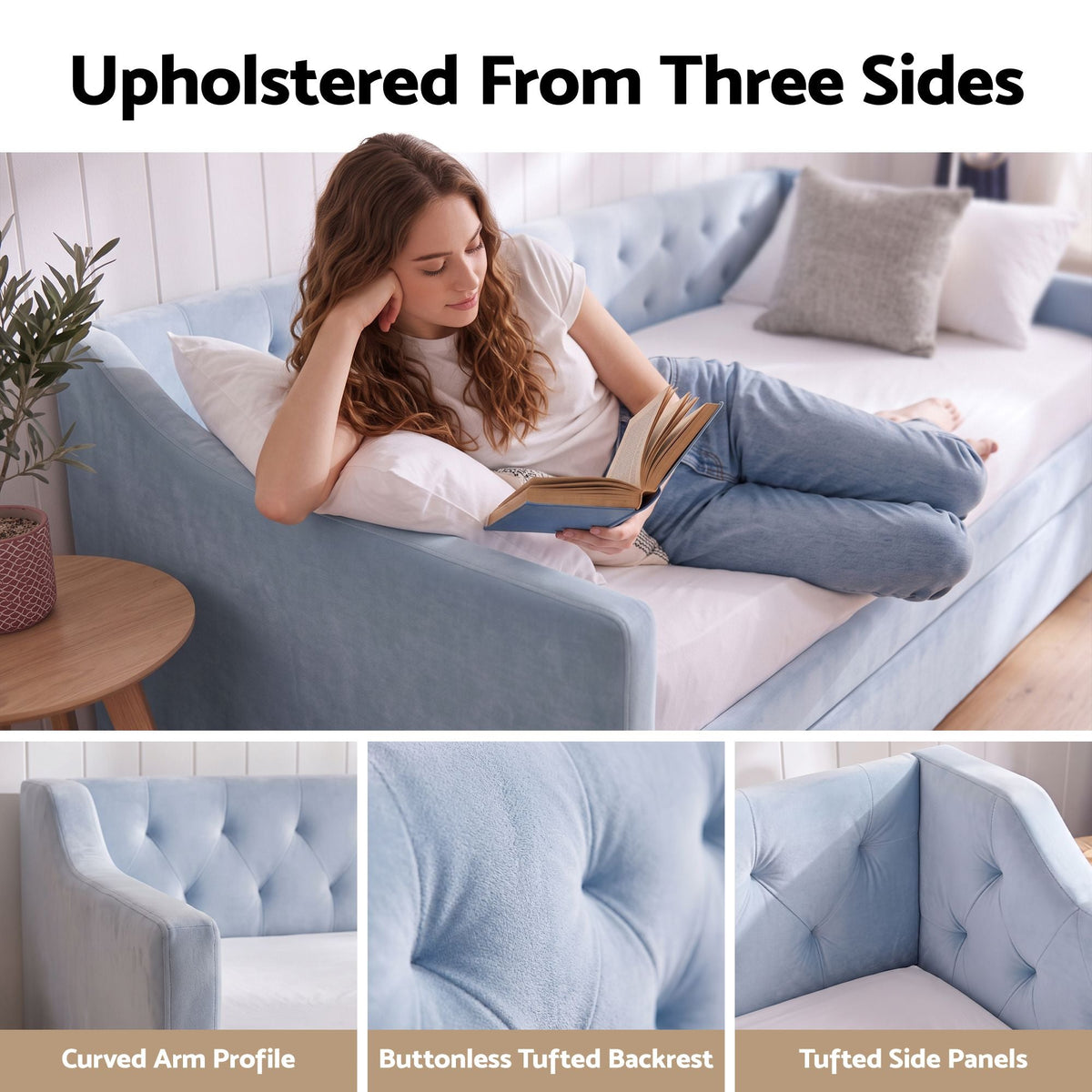 Single Buttonless Tufted Daybed Frame with Pull-Out Trundle - Blue - Furniture > Bedroom > Beds & Bed Frames - Rivercity House & Home Co. (ABN 18 642 972 209) - Affordable Modern Furniture Australia