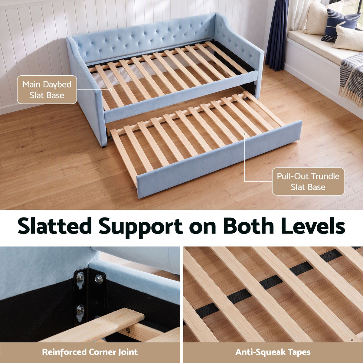 Single Buttonless Tufted Daybed Frame with Pull-Out Trundle - Blue - Furniture > Bedroom > Beds & Bed Frames - Rivercity House & Home Co. (ABN 18 642 972 209) - Affordable Modern Furniture Australia