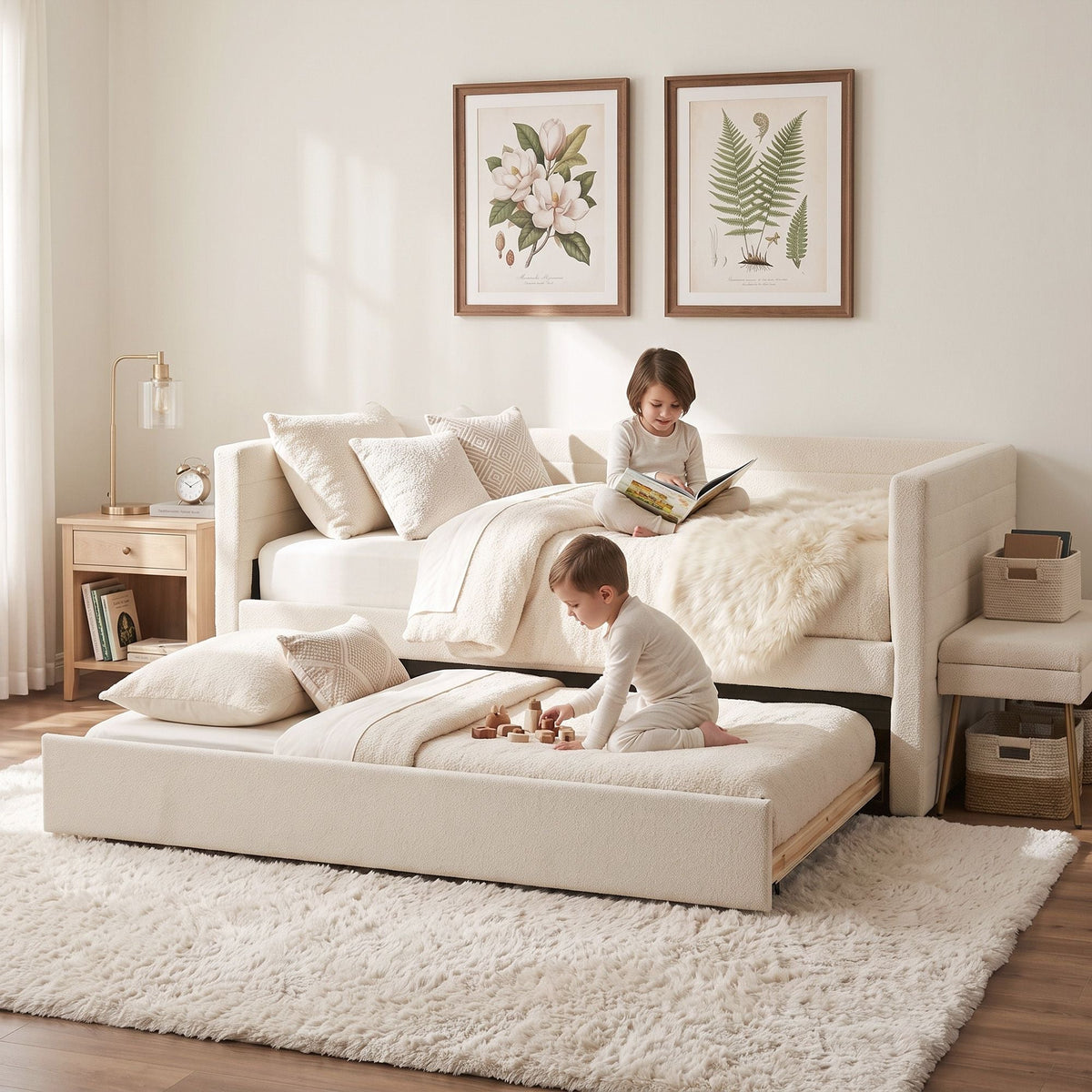 Single Daybed with Trundle Bouclé Upholstered Bed Frame Guest Bed - Furniture > Bedroom > Beds & Bed Frames - Rivercity House & Home Co. (ABN 18 642 972 209) - Affordable Modern Furniture Australia