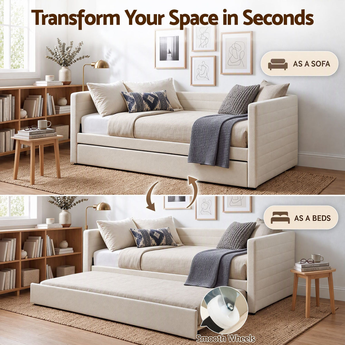 Single Daybed with Trundle Bouclé Upholstered Bed Frame Guest Bed - Furniture > Bedroom > Beds & Bed Frames - Rivercity House & Home Co. (ABN 18 642 972 209) - Affordable Modern Furniture Australia