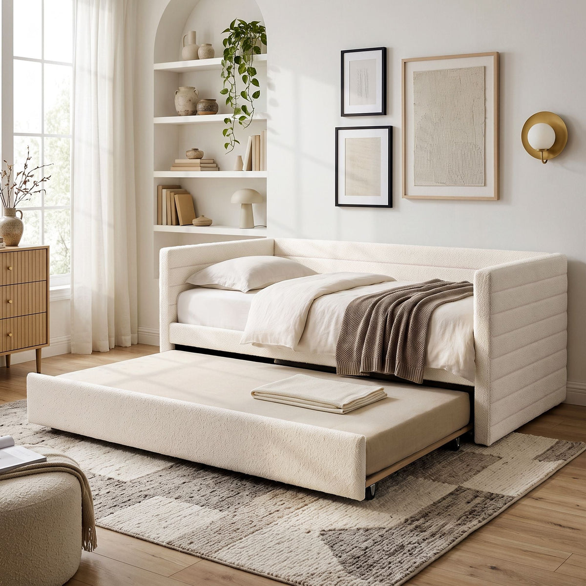 Single Daybed with Trundle Bouclé Upholstered Bed Frame Guest Bed - Furniture > Bedroom > Beds & Bed Frames - Rivercity House & Home Co. (ABN 18 642 972 209) - Affordable Modern Furniture Australia