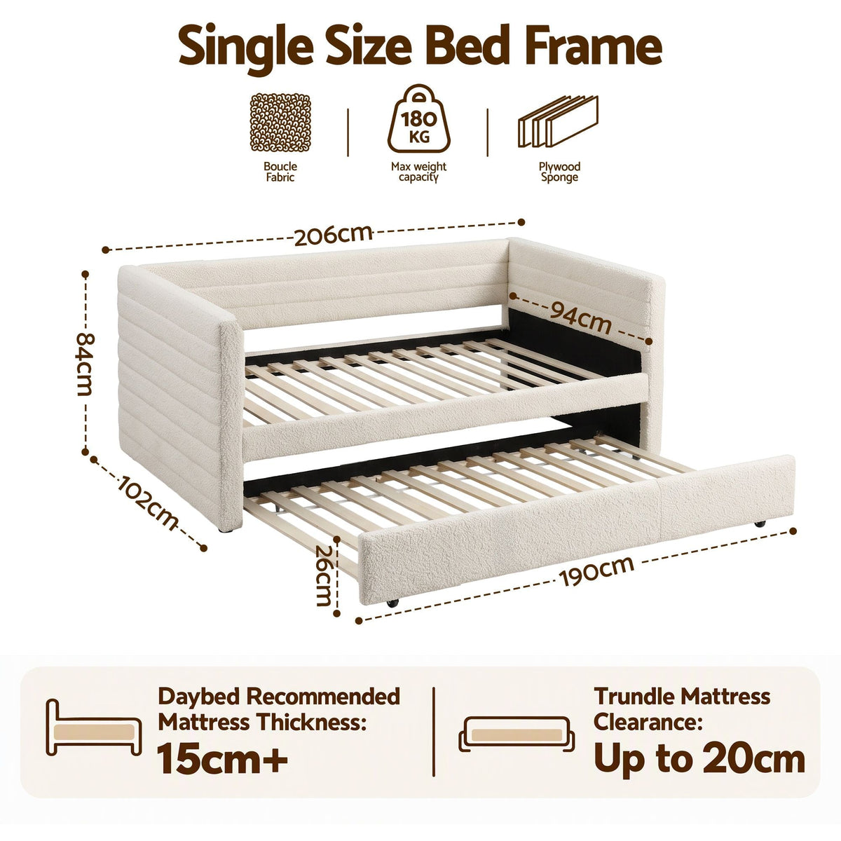 Single Daybed with Trundle Bouclé Upholstered Bed Frame Guest Bed - Furniture > Bedroom > Beds & Bed Frames - Rivercity House & Home Co. (ABN 18 642 972 209) - Affordable Modern Furniture Australia