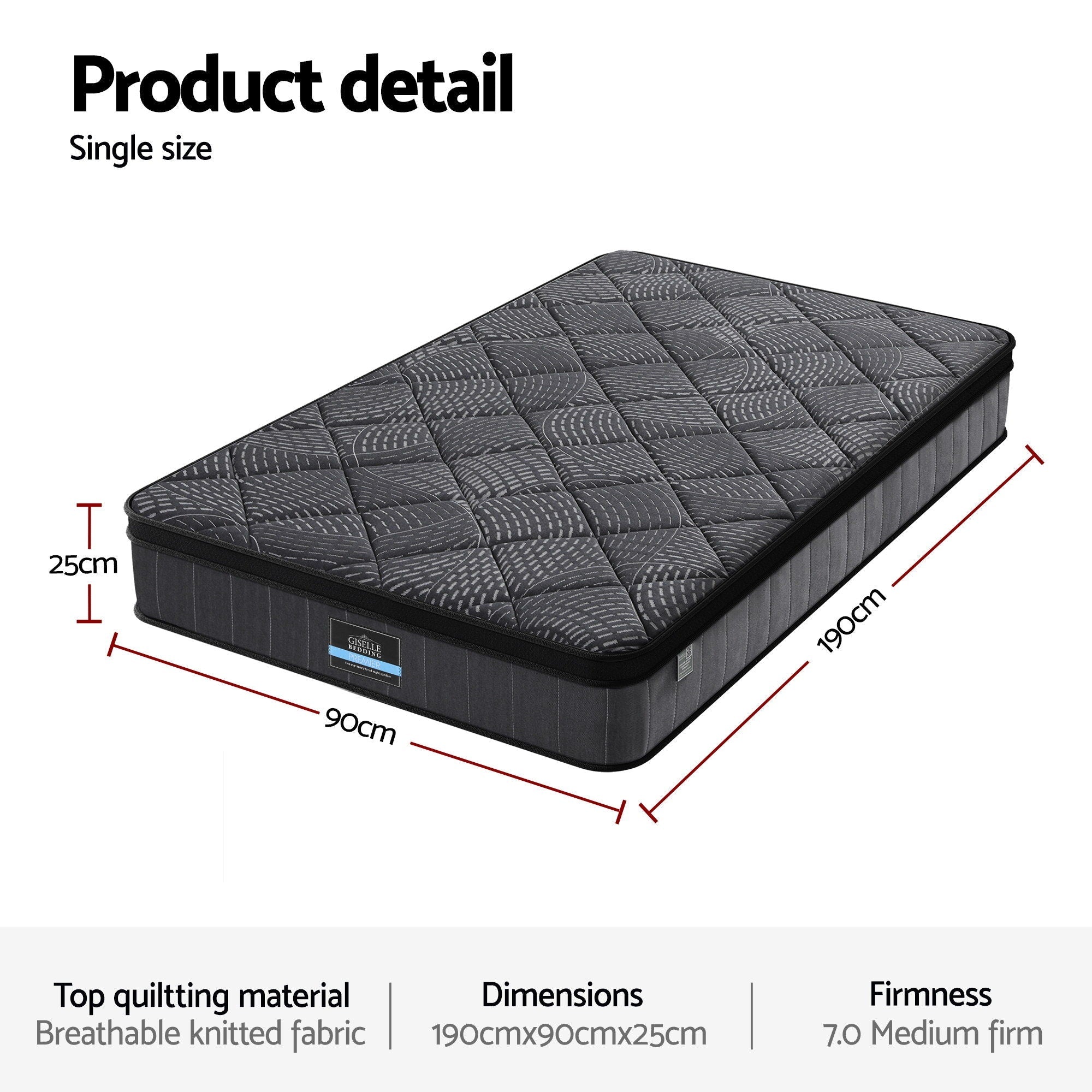 Single Mattress 25cm Pocket Spring Latex Euro Top Medium Firm Bed - Furniture > Mattresses > Single Mattress - Rivercity House & Home Co. (ABN 18 642 972 209) - Affordable Modern Furniture Australia