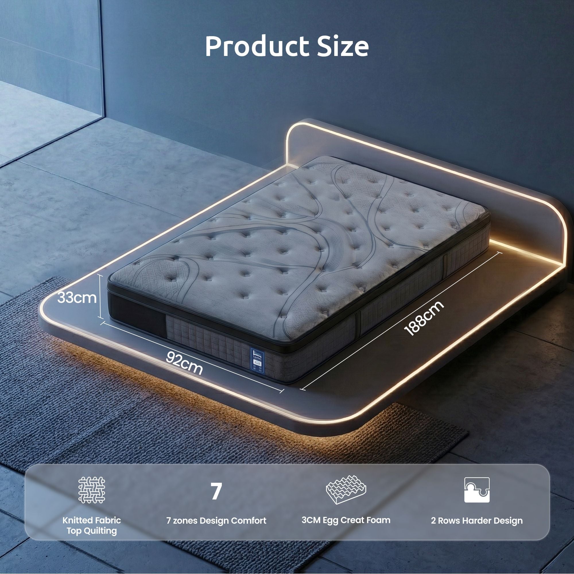 Single Mattress 33 cm 7 - Zone Pocket Spring 8.0 Extra Firm with Dual - Row Edge Support & Breathable Knit Cover - Furniture > Mattresses > Single Mattress - Rivercity House & Home Co. (ABN 18 642 972 209) - Affordable Modern Furniture Australia