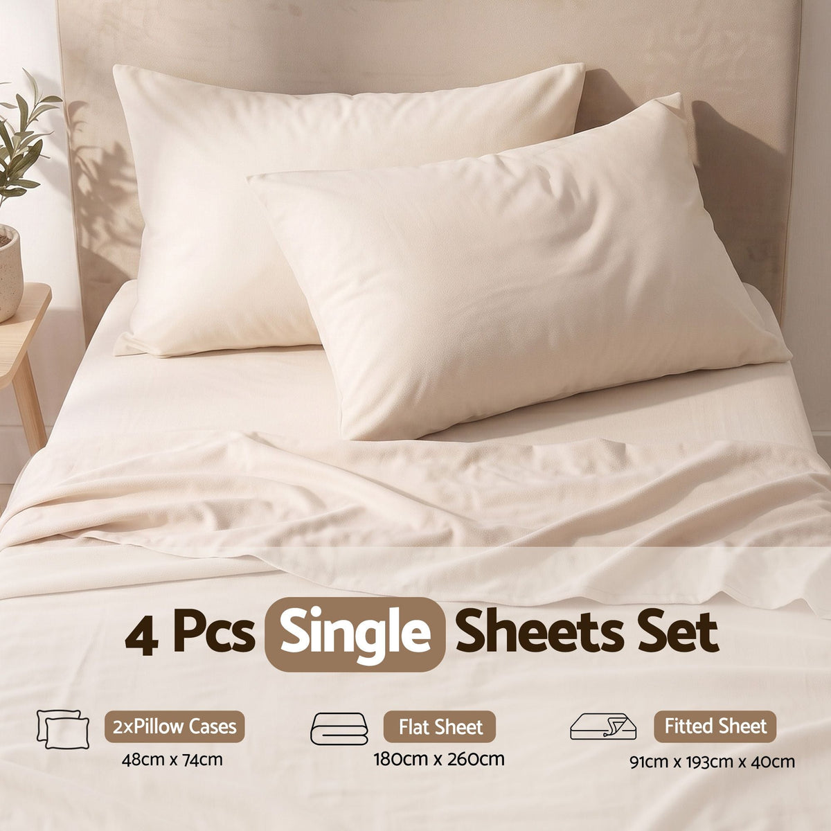 Single Sheet Set 150 GSM Anti-pilling Micro Flannel, Fast Drying Lightweight 4 Piece, 40CM Deep Pocket Fits Thick Mattress, Cream White - Home & Garden > Bedding > Bed Sheets - Rivercity House & Home Co. (ABN 18 642 972 209) - Affordable Modern Furniture Australia