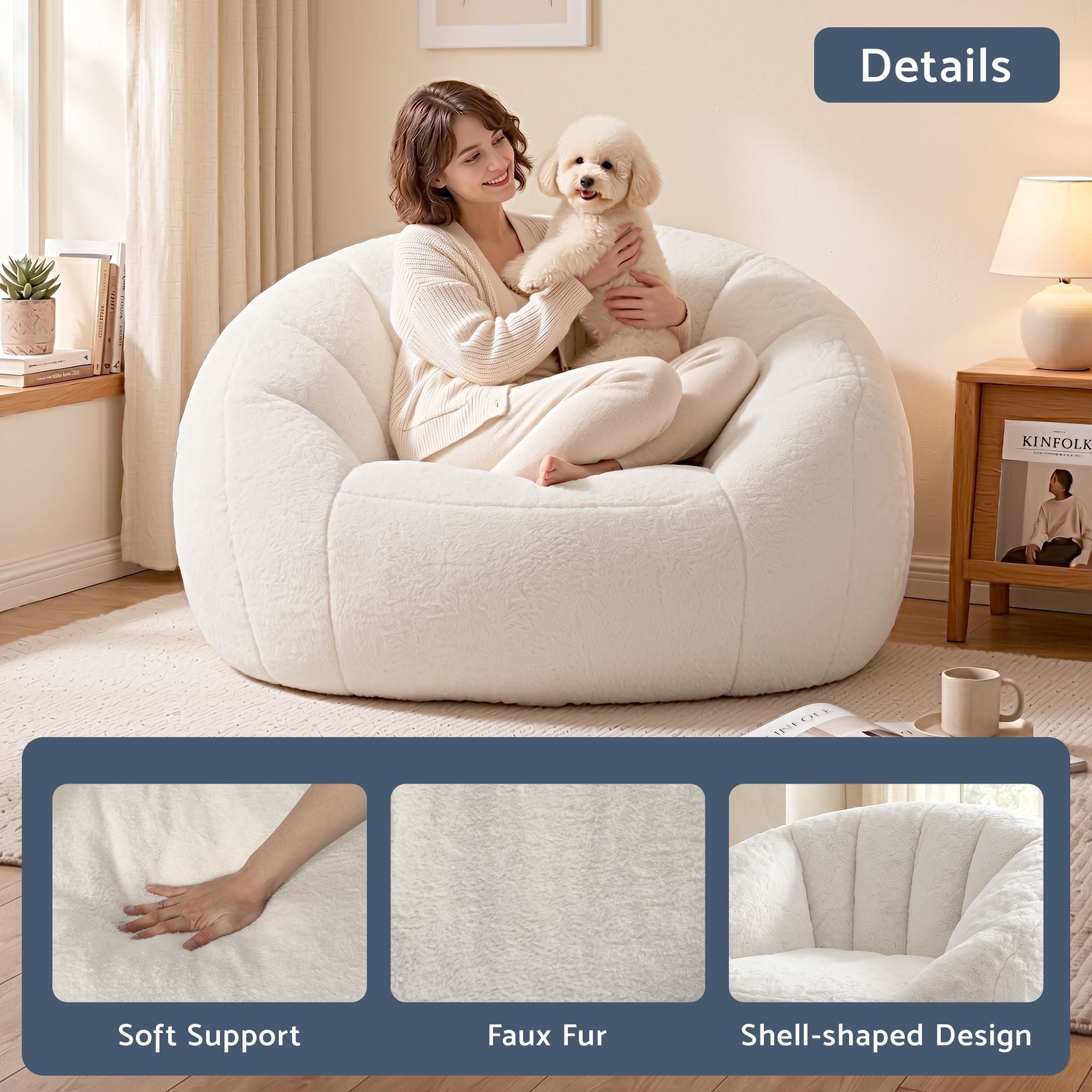 Single Small Boneless Couch Comfy Bean Bag for Living Room Faux Fur White - Furniture > Sofas > Sofas & Sofa Beds - Rivercity House & Home Co. (ABN 18 642 972 209) - Affordable Modern Furniture Australia