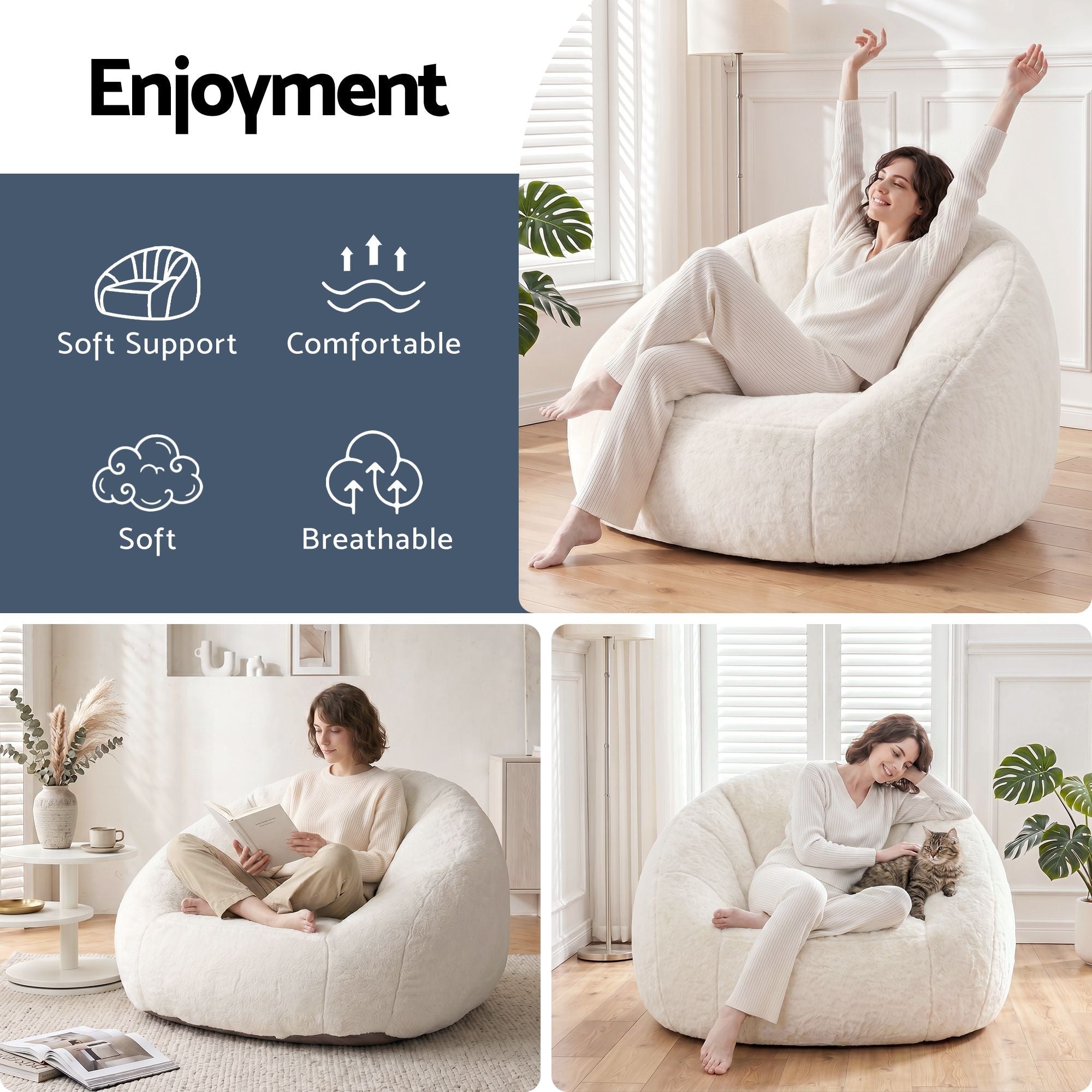 Single Small Boneless Couch Comfy Bean Bag for Living Room Faux Fur White - Furniture > Sofas > Sofas & Sofa Beds - Rivercity House & Home Co. (ABN 18 642 972 209) - Affordable Modern Furniture Australia
