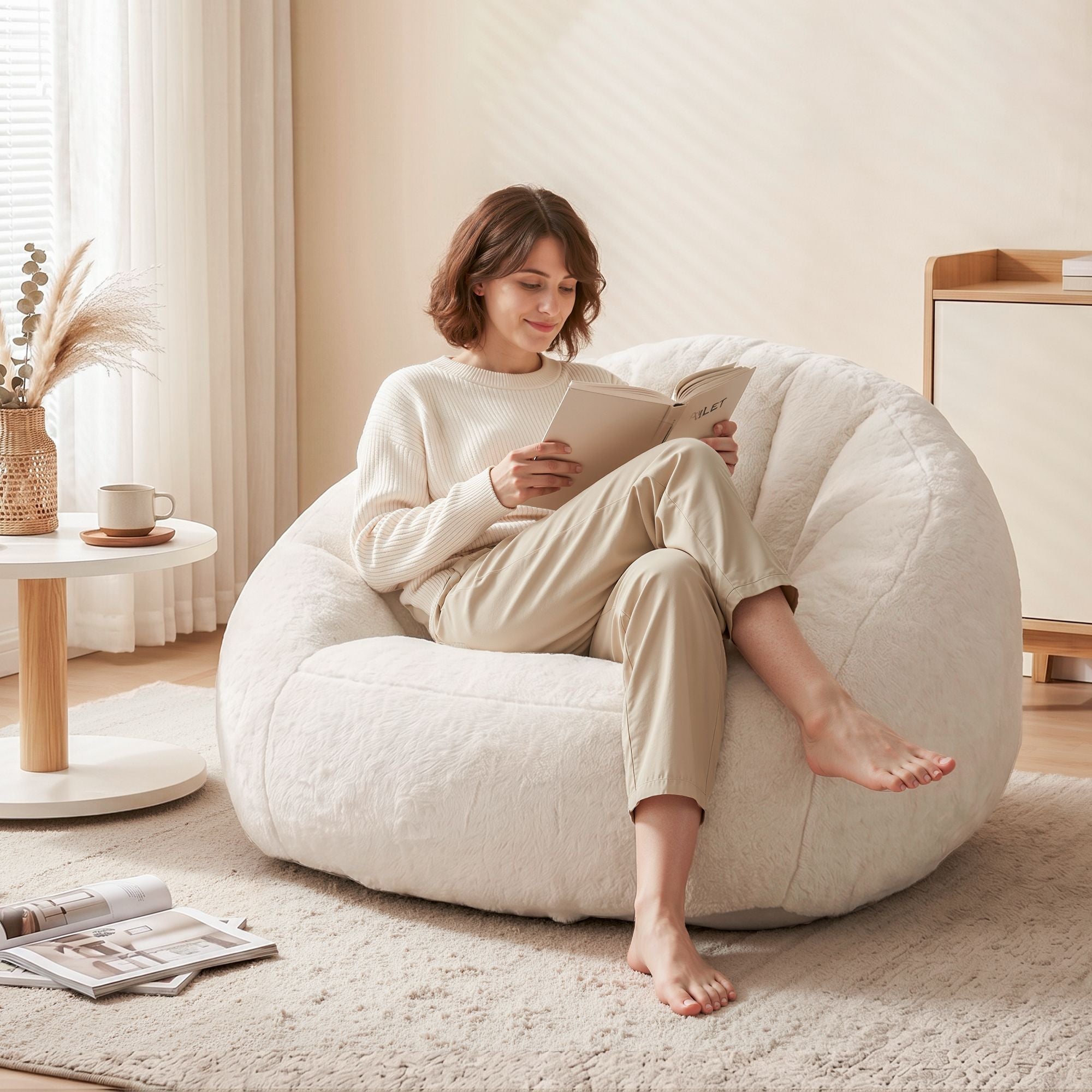 Single Small Boneless Couch Comfy Bean Bag for Living Room Faux Fur White - Furniture > Sofas > Sofas & Sofa Beds - Rivercity House & Home Co. (ABN 18 642 972 209) - Affordable Modern Furniture Australia