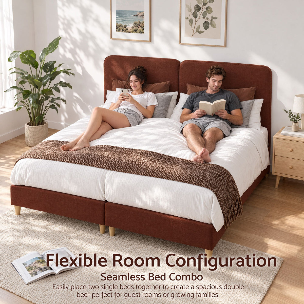 Single Upholstered Bed Frame with Headboard, Faux Linen Fabric - Brown - Furniture > Bedroom > Beds & Bed Frames - Rivercity House & Home Co. (ABN 18 642 972 209) - Affordable Modern Furniture Australia
