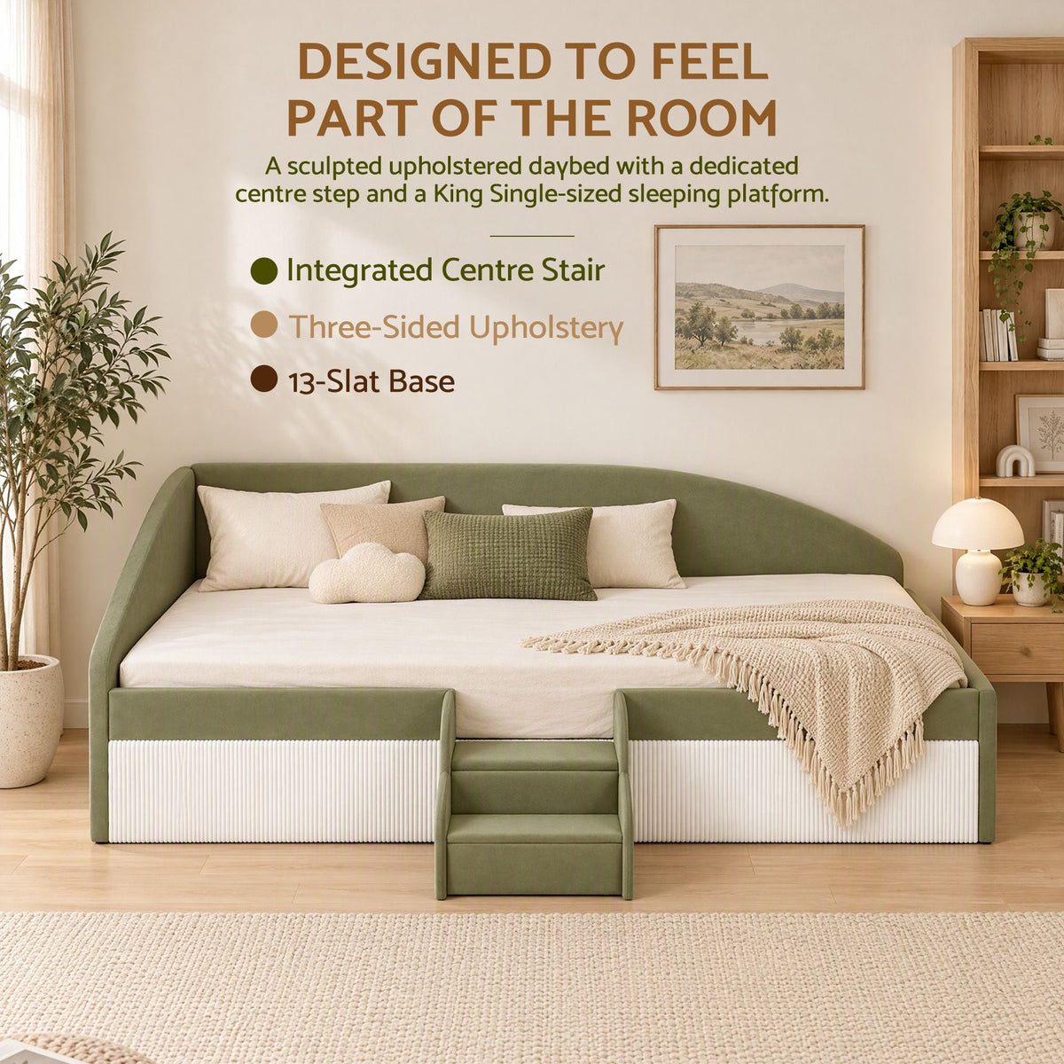 Single Upholstered Daybed with Centre Stair - Olive Green - Furniture > Bedroom > Beds & Bed Frames - Rivercity House & Home Co. (ABN 18 642 972 209) - Affordable Modern Furniture Australia