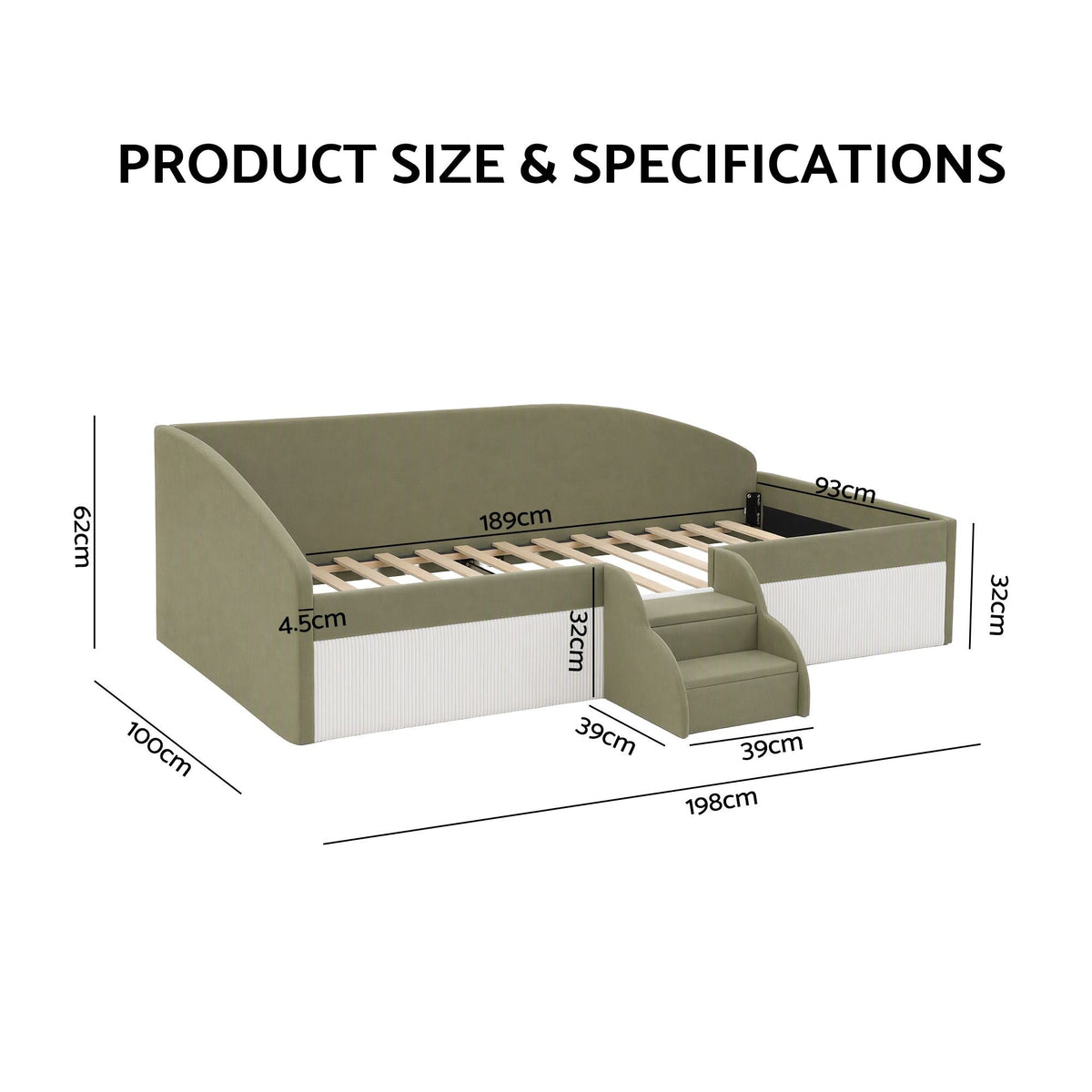 Single Upholstered Daybed with Centre Stair - Olive Green - Furniture > Bedroom > Beds & Bed Frames - Rivercity House & Home Co. (ABN 18 642 972 209) - Affordable Modern Furniture Australia