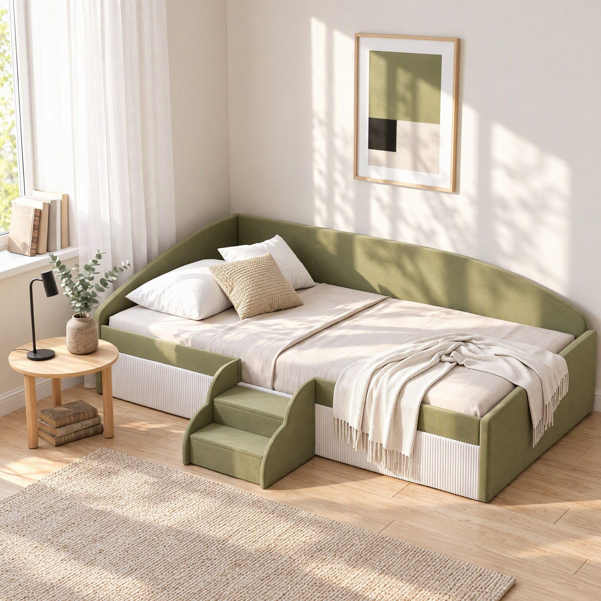 Single Upholstered Daybed with Centre Stair - Olive Green - Furniture > Bedroom > Beds & Bed Frames - Rivercity House & Home Co. (ABN 18 642 972 209) - Affordable Modern Furniture Australia