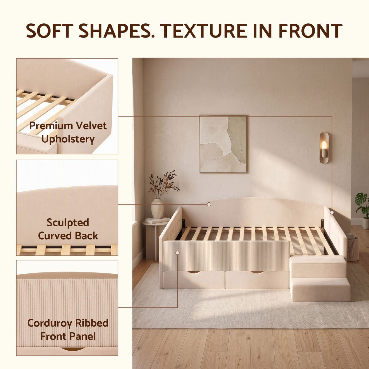 Single Upholstered Daybed with Side Stairs & Storage Drawers - Beige - Furniture > Bedroom > Beds & Bed Frames - Rivercity House & Home Co. (ABN 18 642 972 209) - Affordable Modern Furniture Australia
