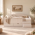 Single Upholstered Daybed with Side Stairs & Storage Drawers - Beige