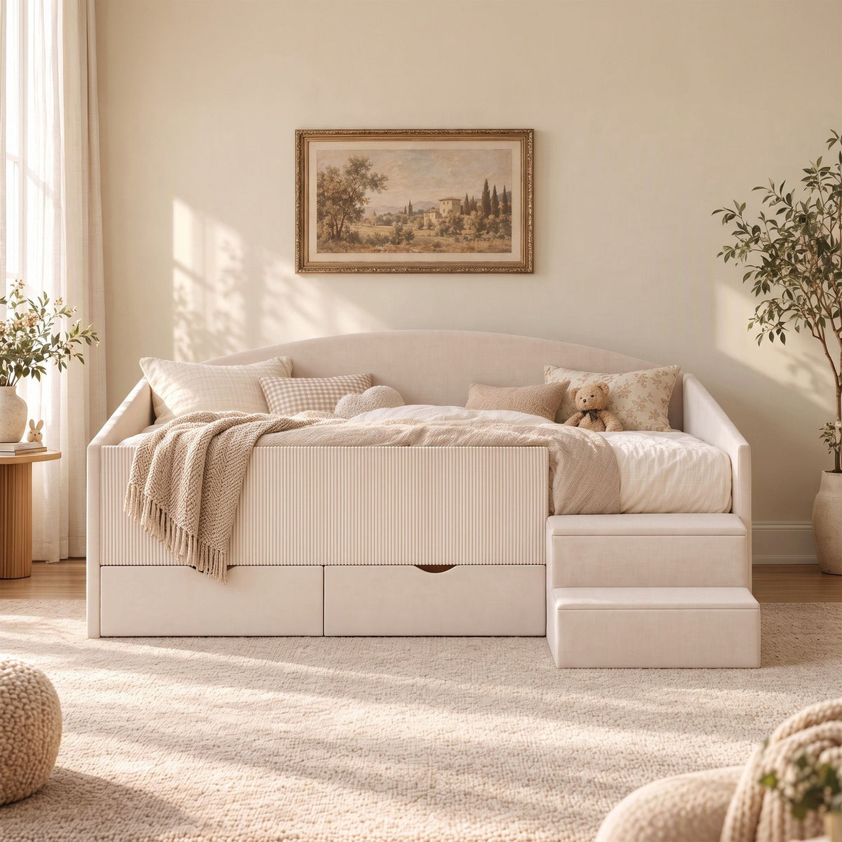Single Upholstered Daybed with Side Stairs & Storage Drawers - Beige - Furniture > Bedroom > Beds & Bed Frames - Rivercity House & Home Co. (ABN 18 642 972 209) - Affordable Modern Furniture Australia